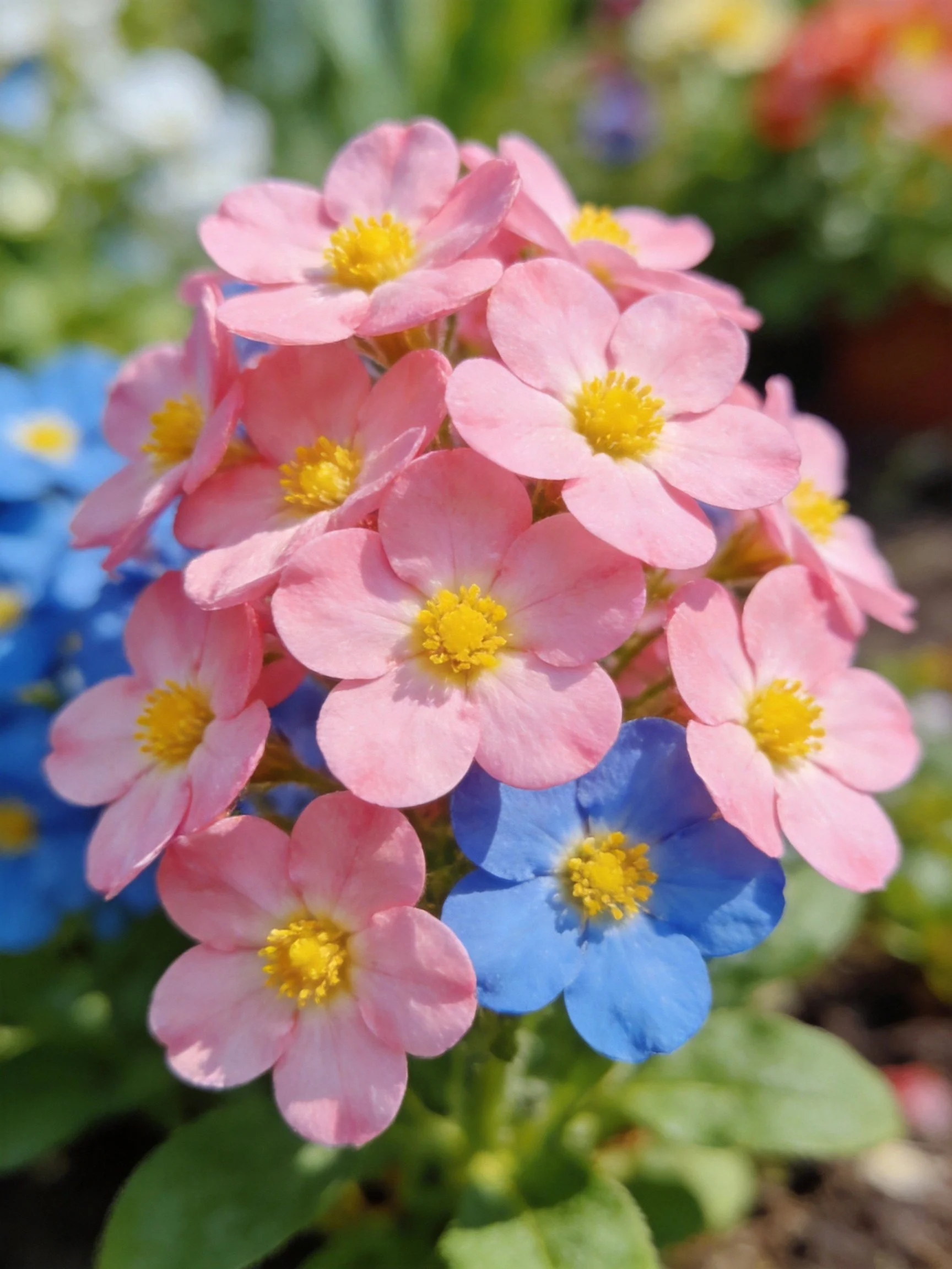 A cluster of pink and blue flowers with yellow centers