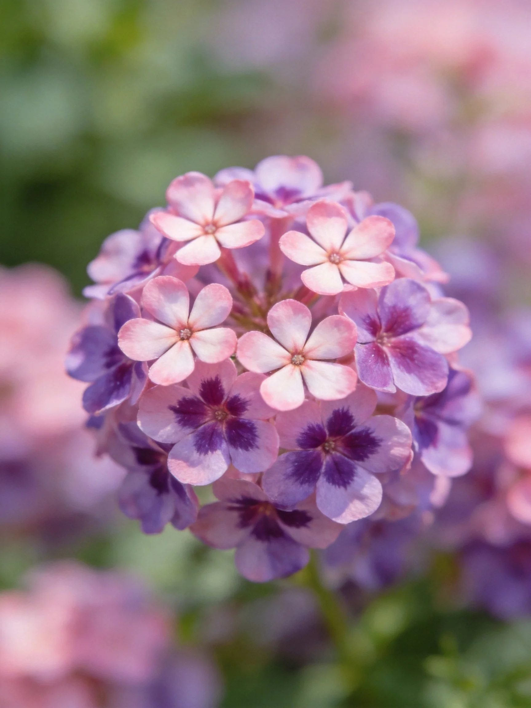 A cluster of pink and purple verbena flowers with dark centers
