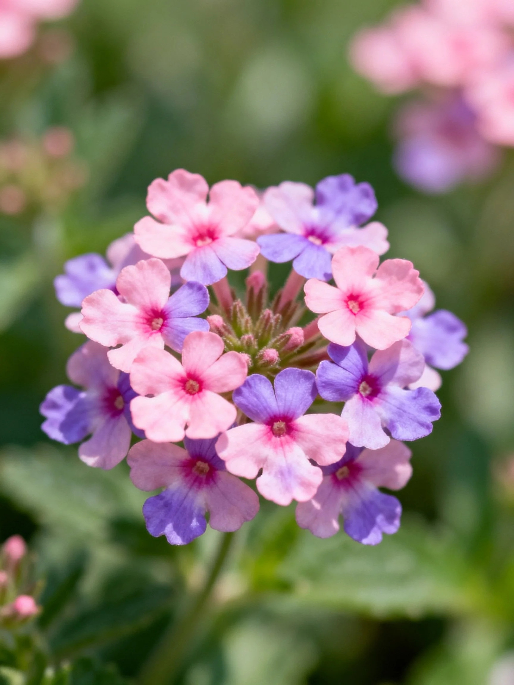 A cluster of pink and purple verbena flowers with green foliage