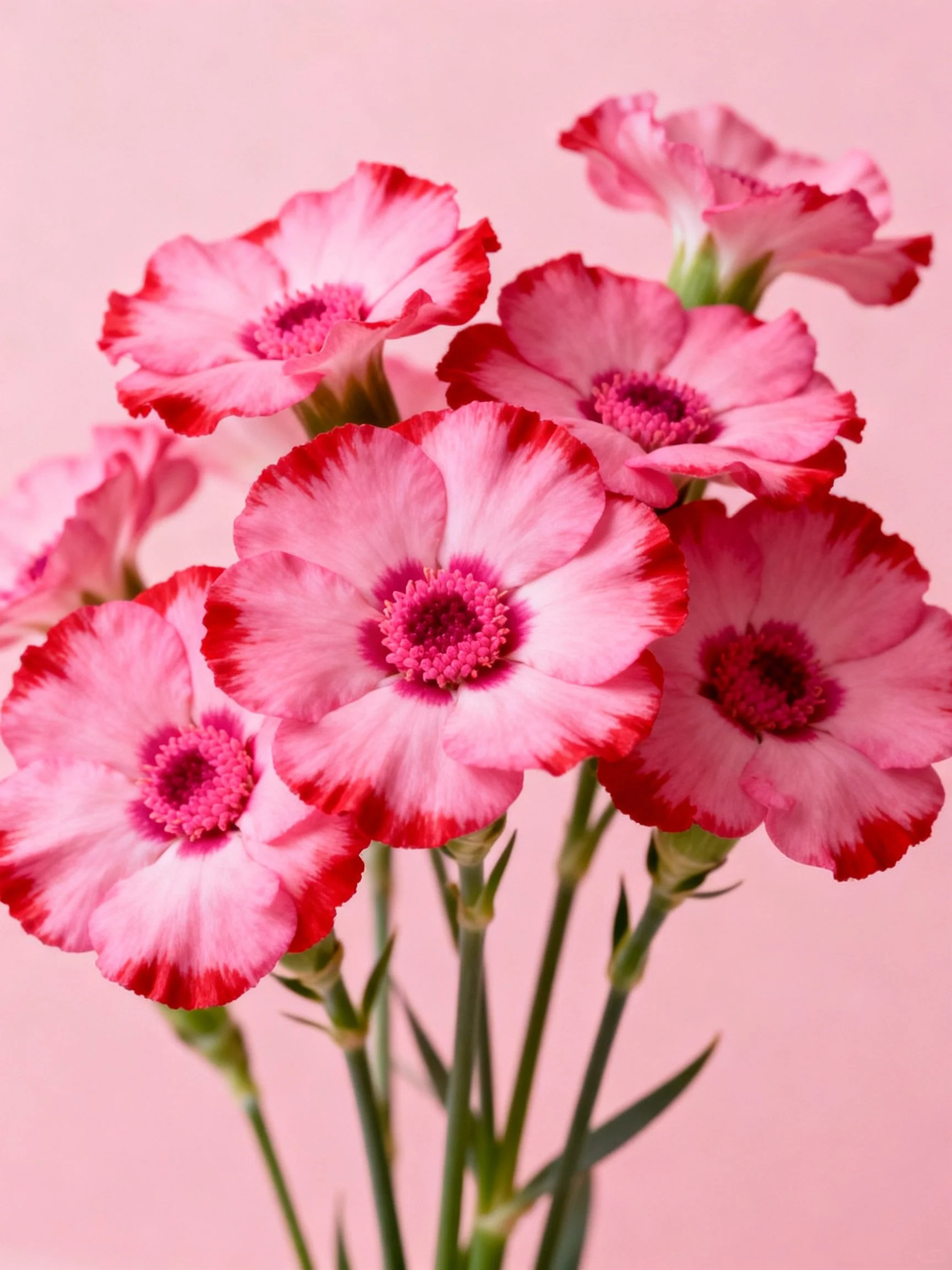 A cluster of pink and red-edged carnations with green stems