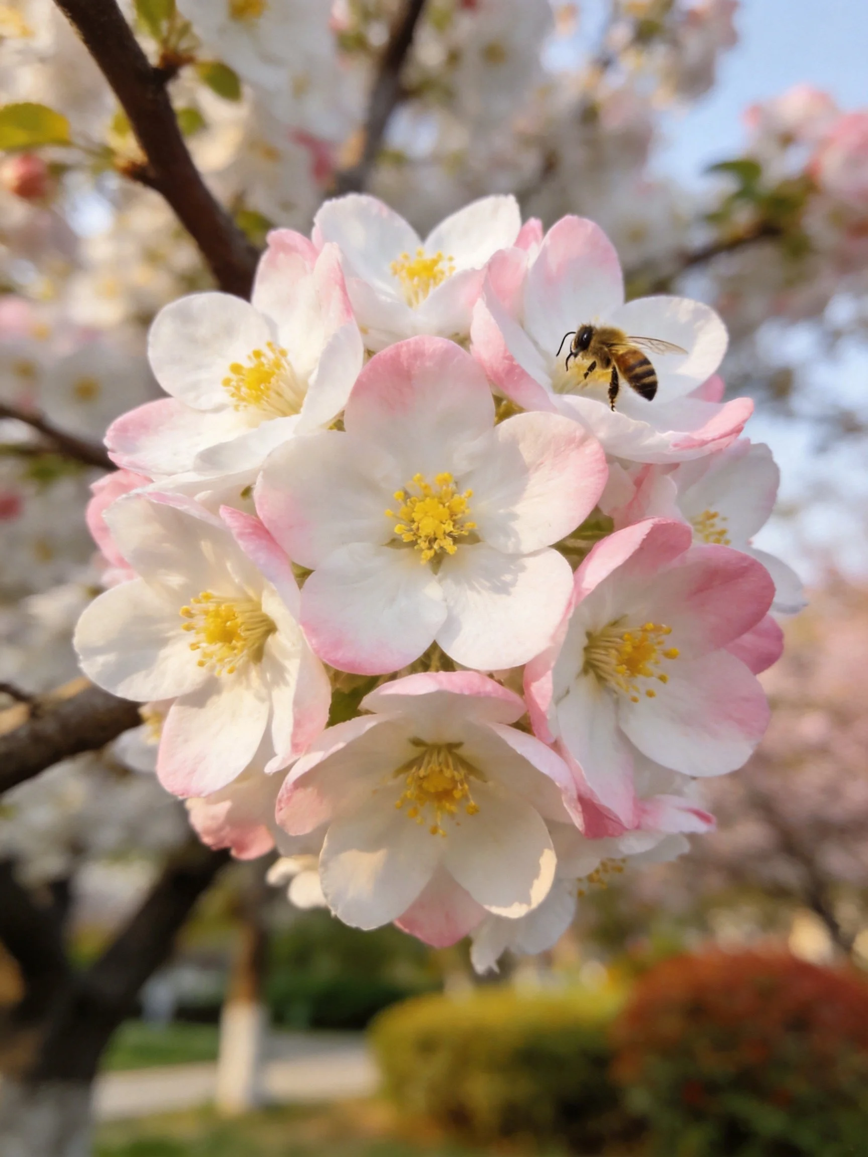 A cluster of pink-and-white blossoms with a honeybee nearby