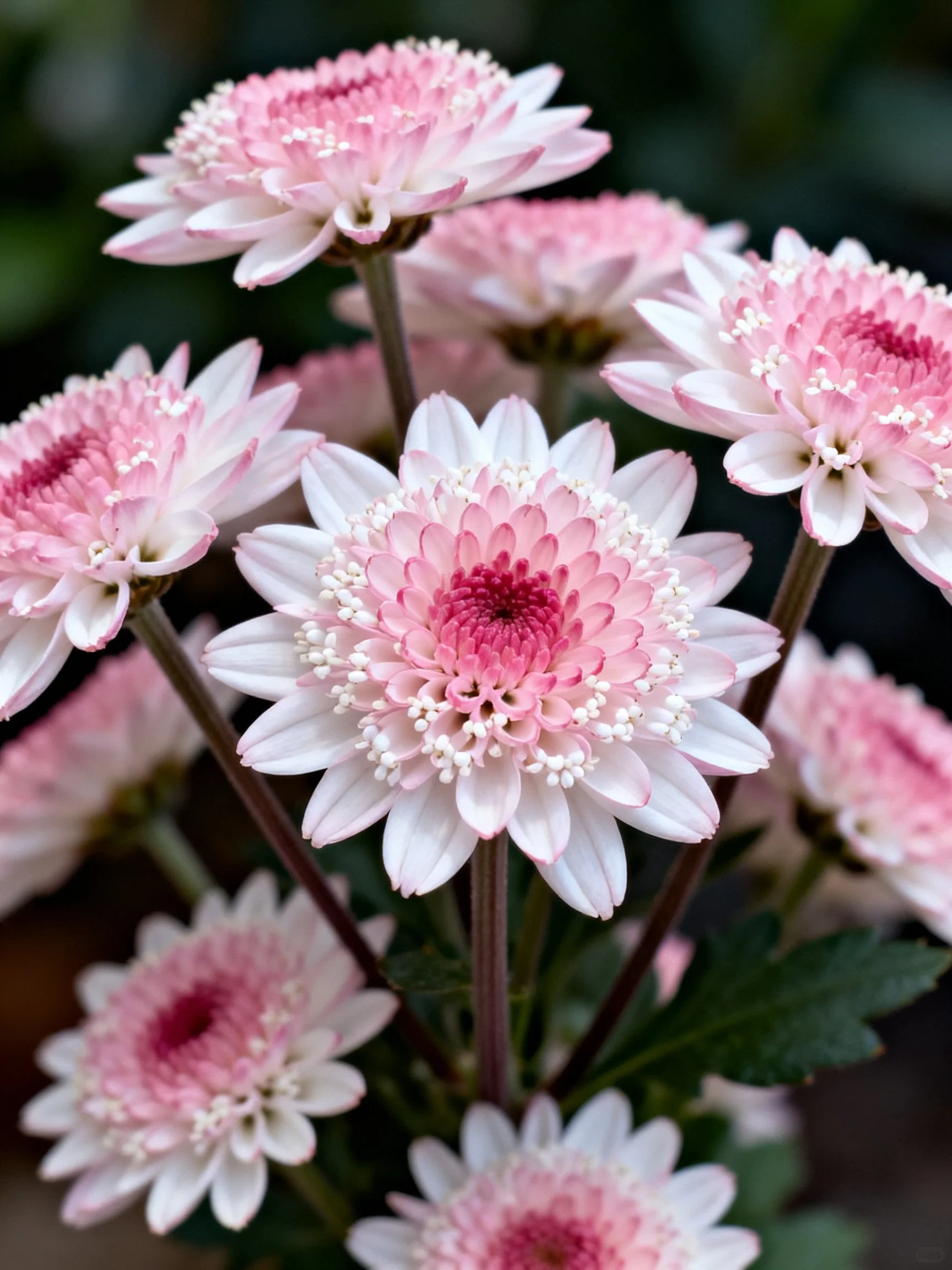 A cluster of pink and white chrysanthemums with layered petals