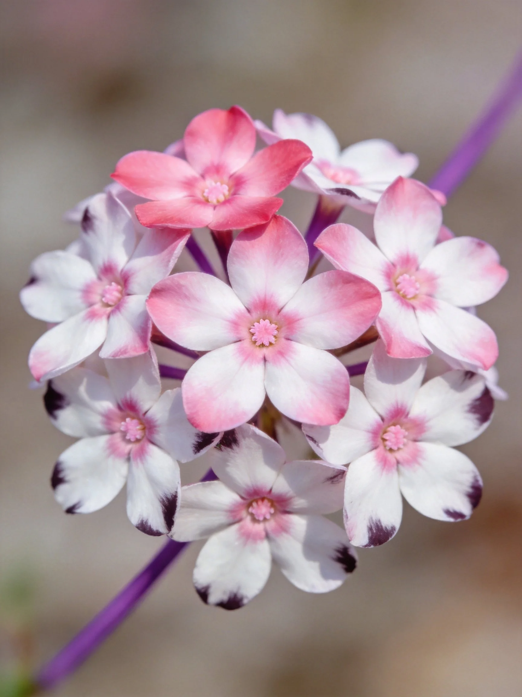 A cluster of pink and white flowers with dark petal tips