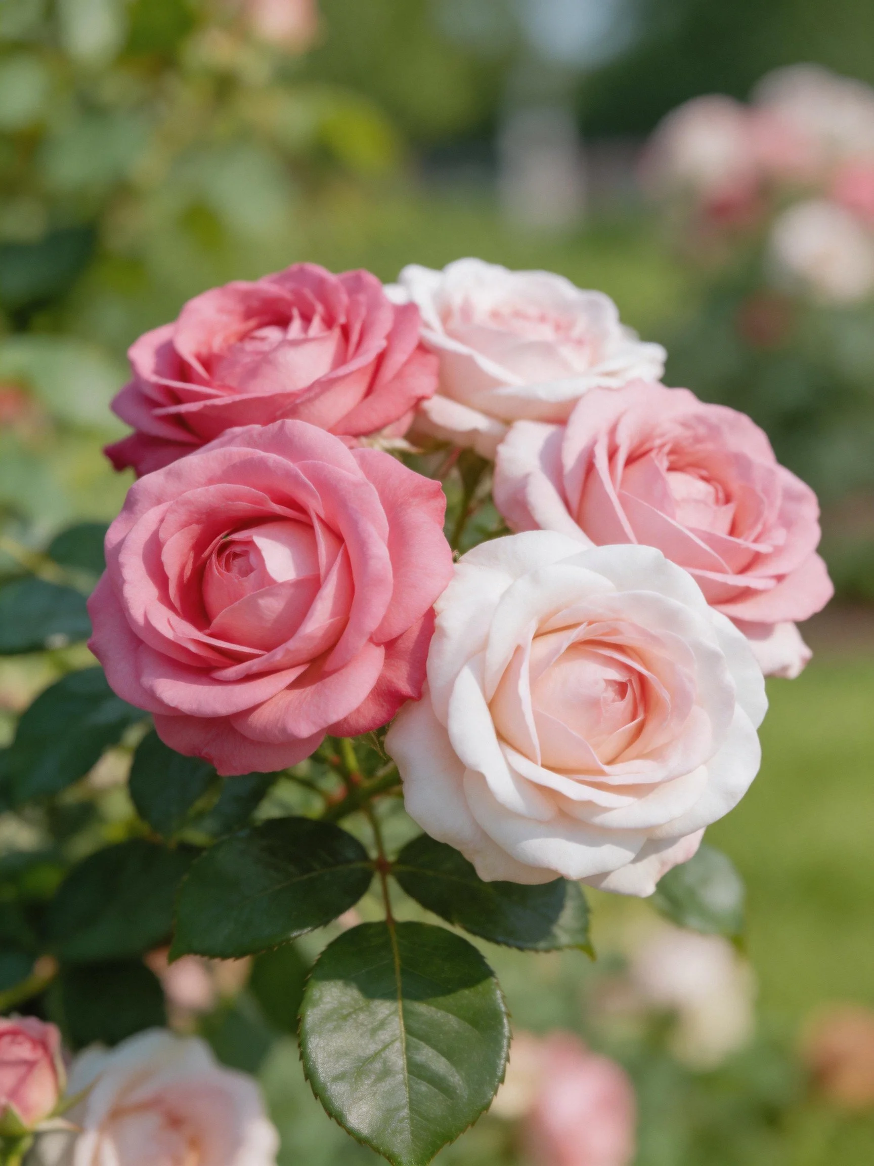A cluster of pink and white roses blooming in a lush garden