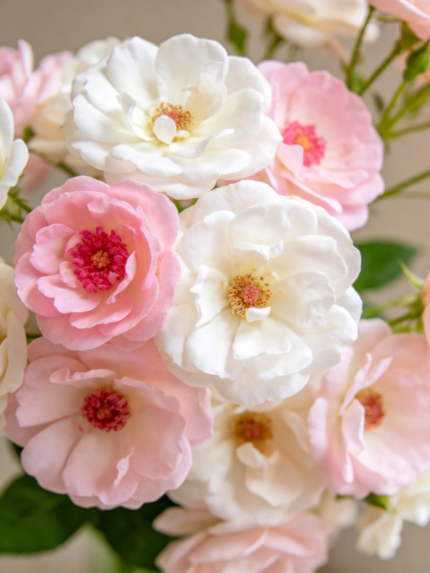A cluster of pink and white roses with layered petals
