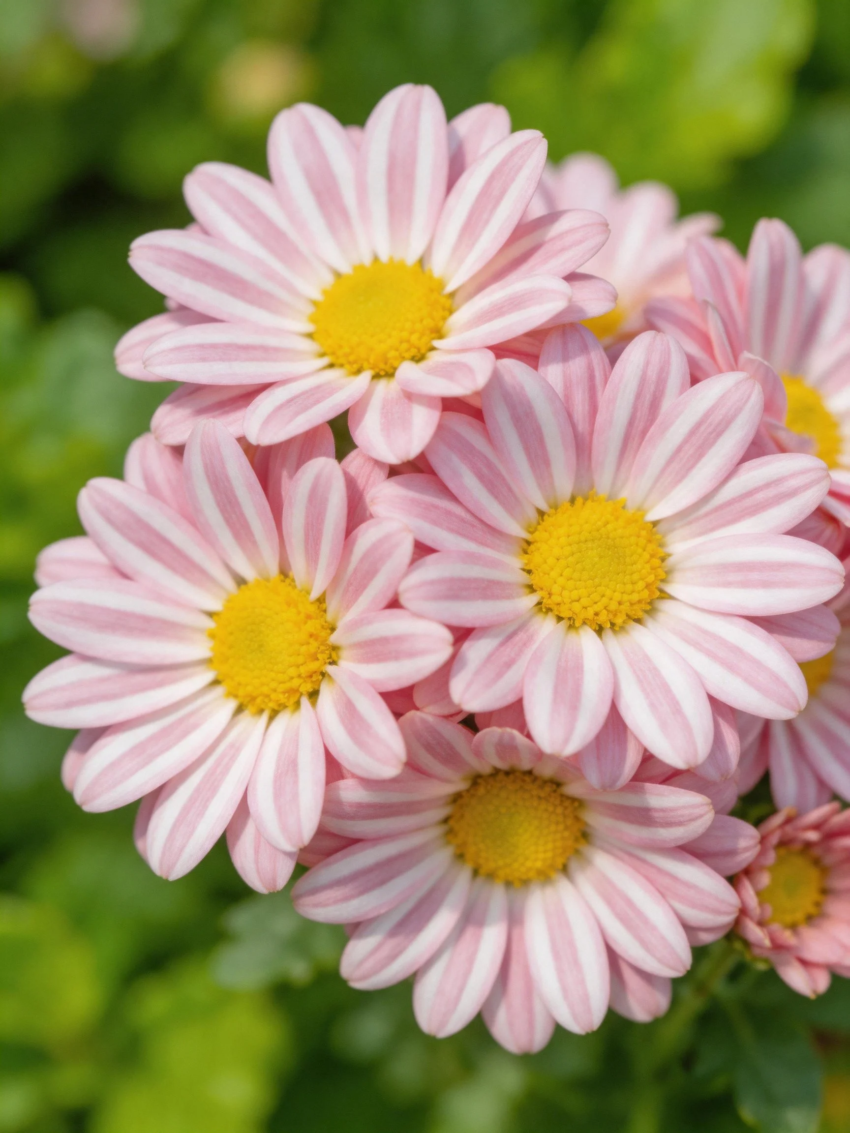 A cluster of pink and white striped daisy blooms with yellow centers