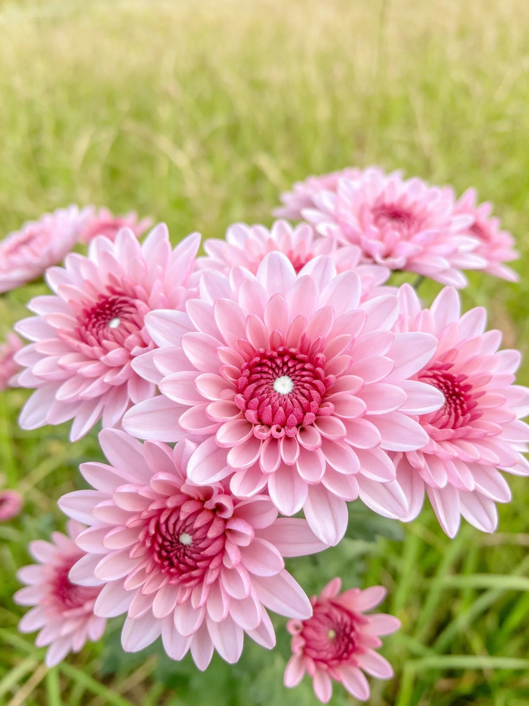 A cluster of pink chrysanthemums in a green meadow