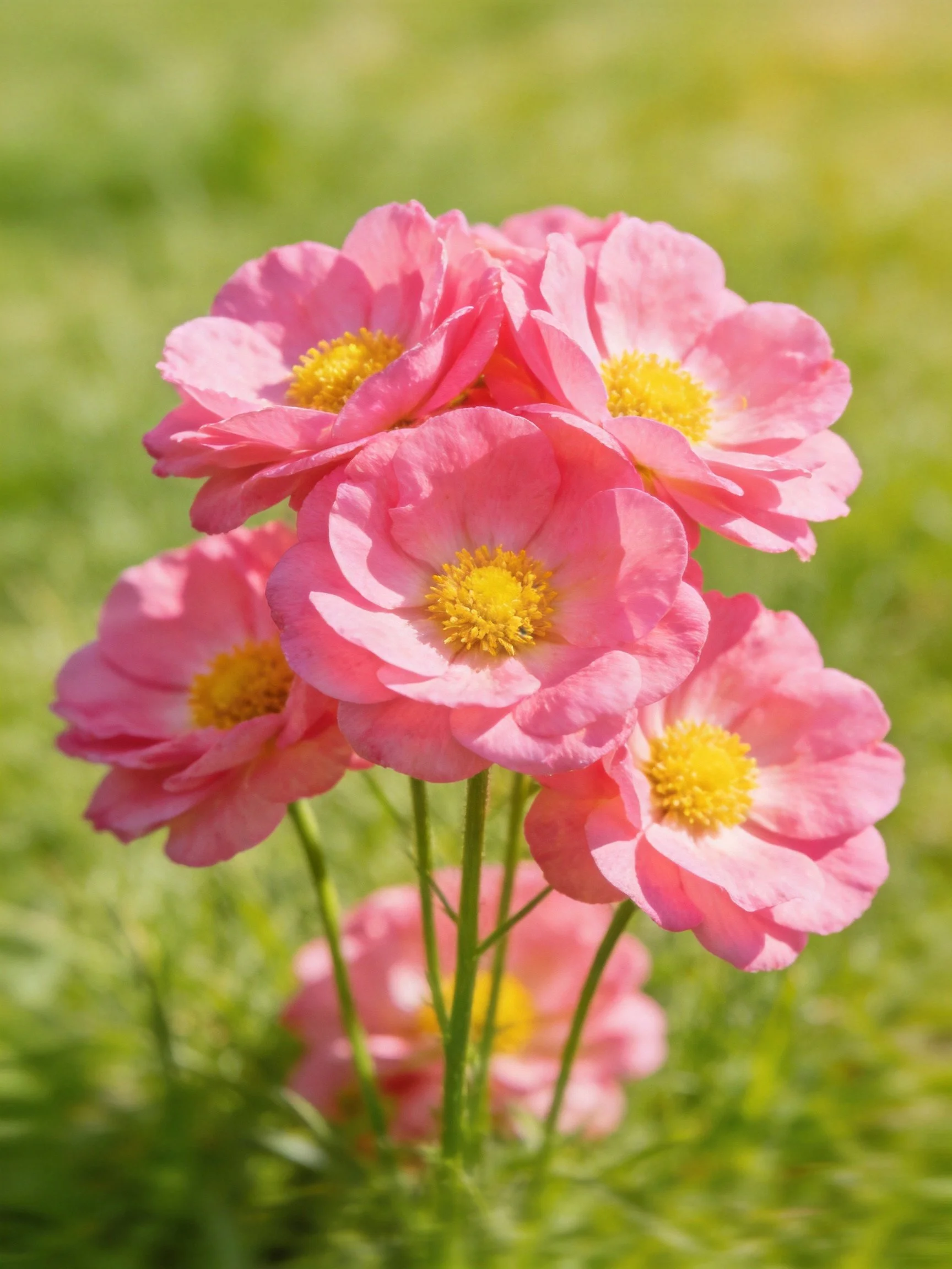 A cluster of pink flowers with yellow centers on green stems