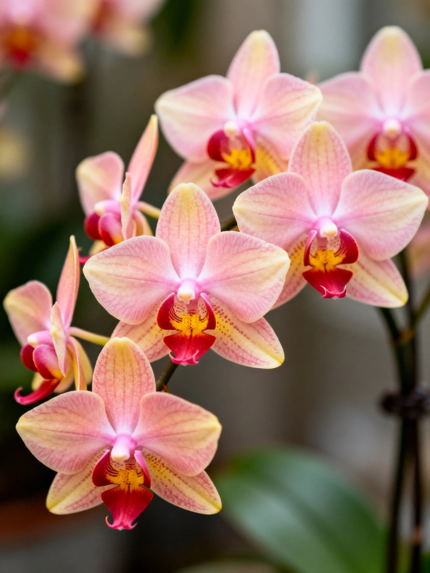 A cluster of pink orchids with yellow and red accents