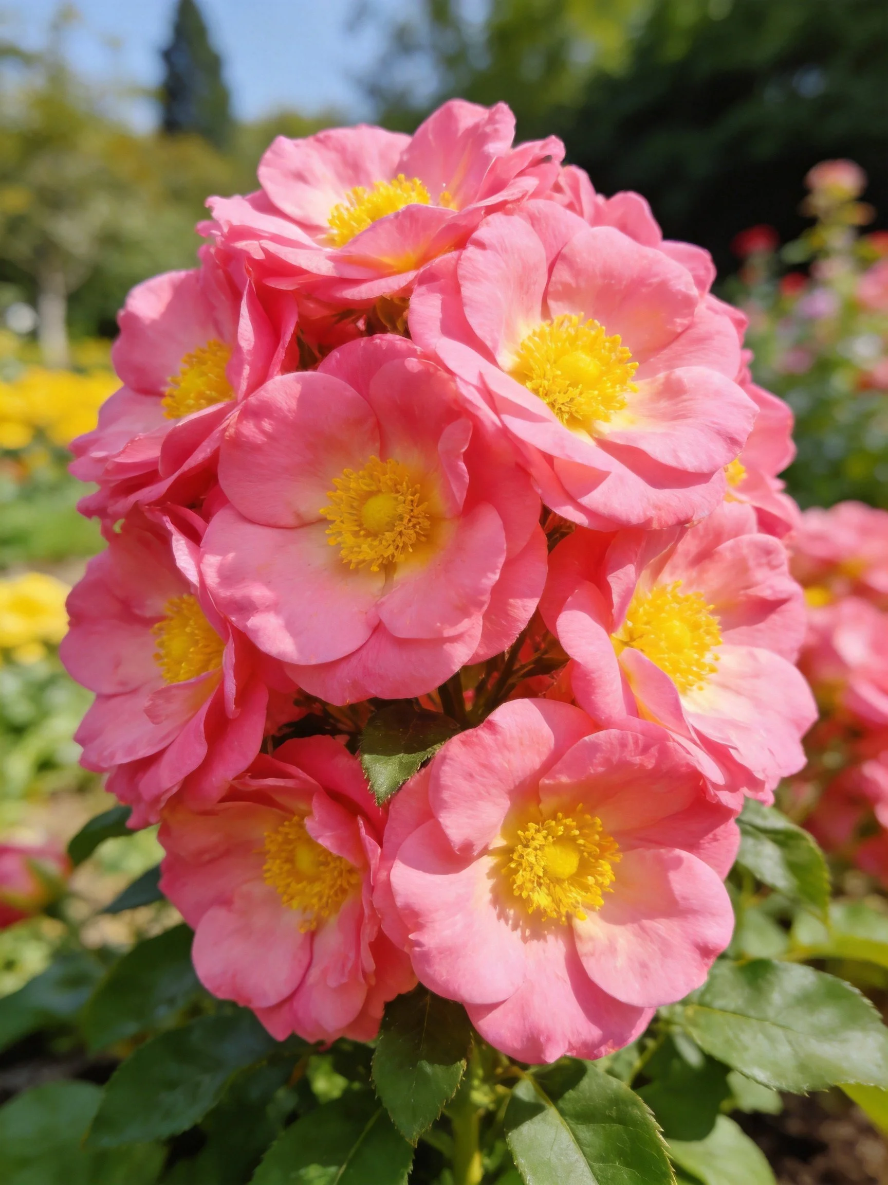 A cluster of pink roses with bright yellow centers in a garden