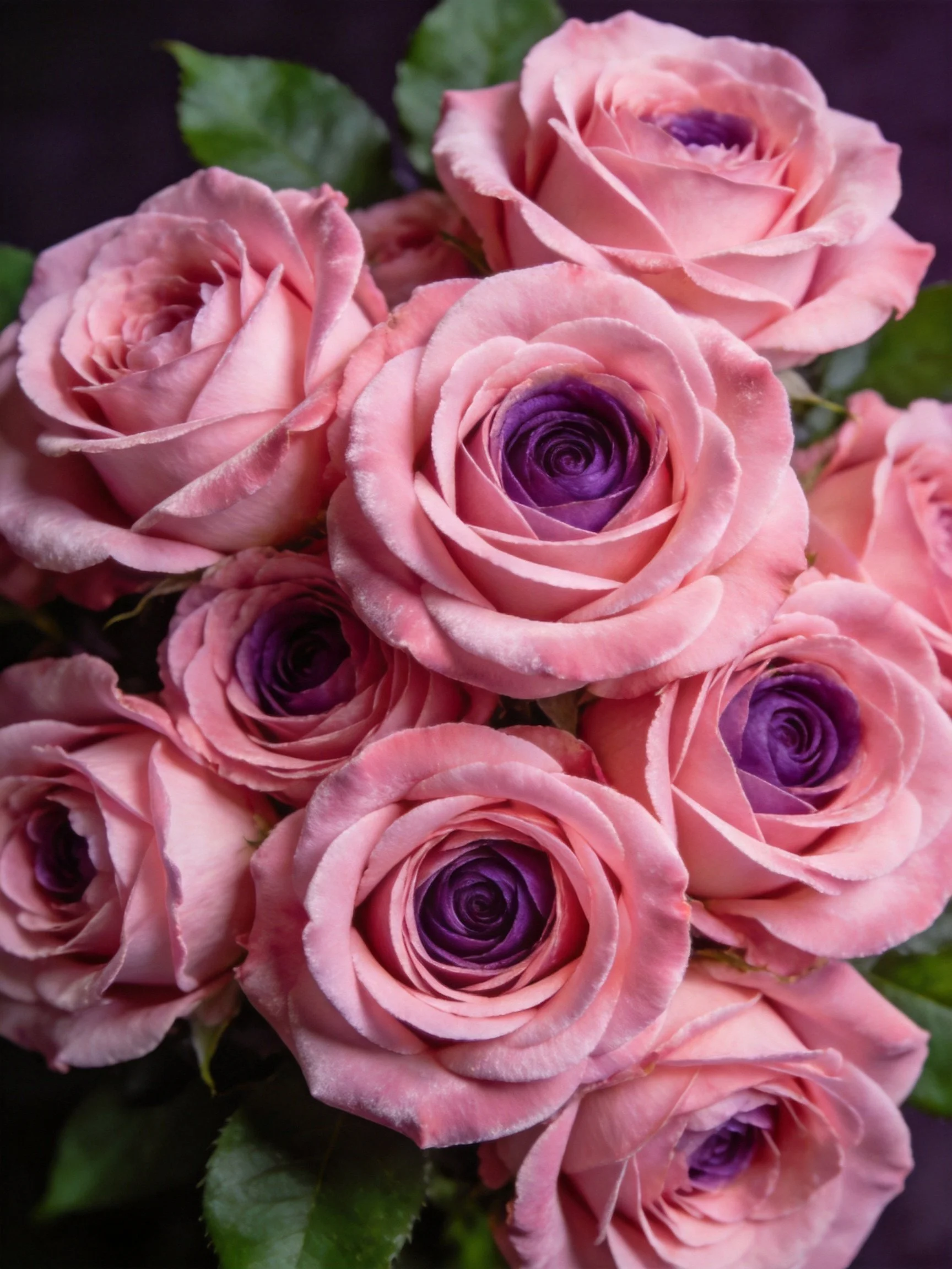 A cluster of pink roses with deep purple centers
