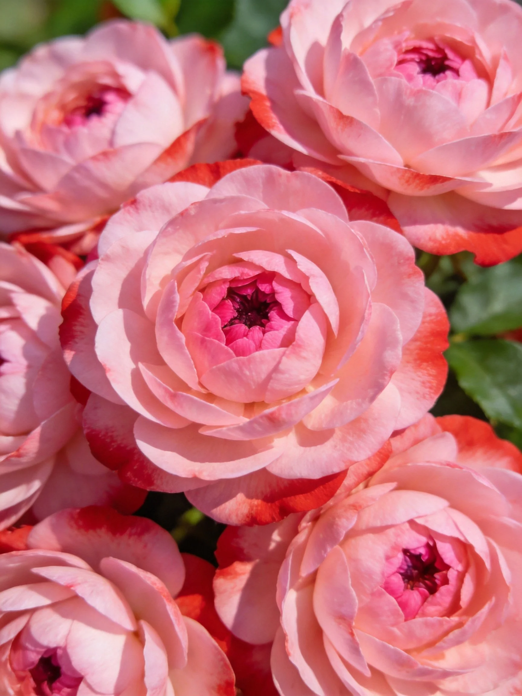A cluster of pink roses with red-edged petals