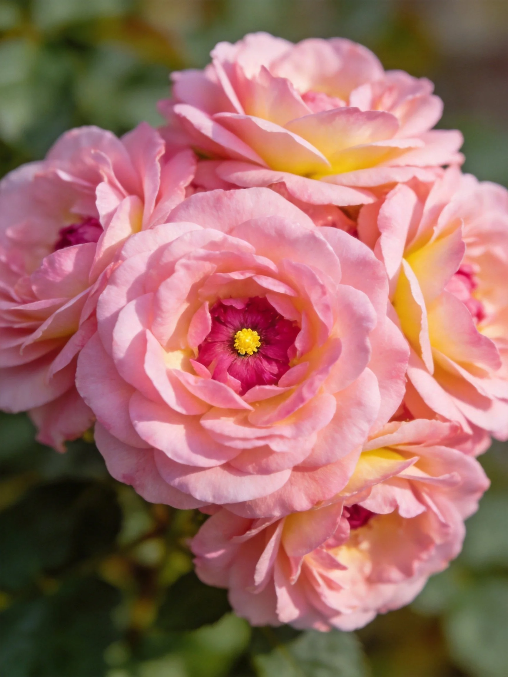 A cluster of pink roses with yellow and magenta centers