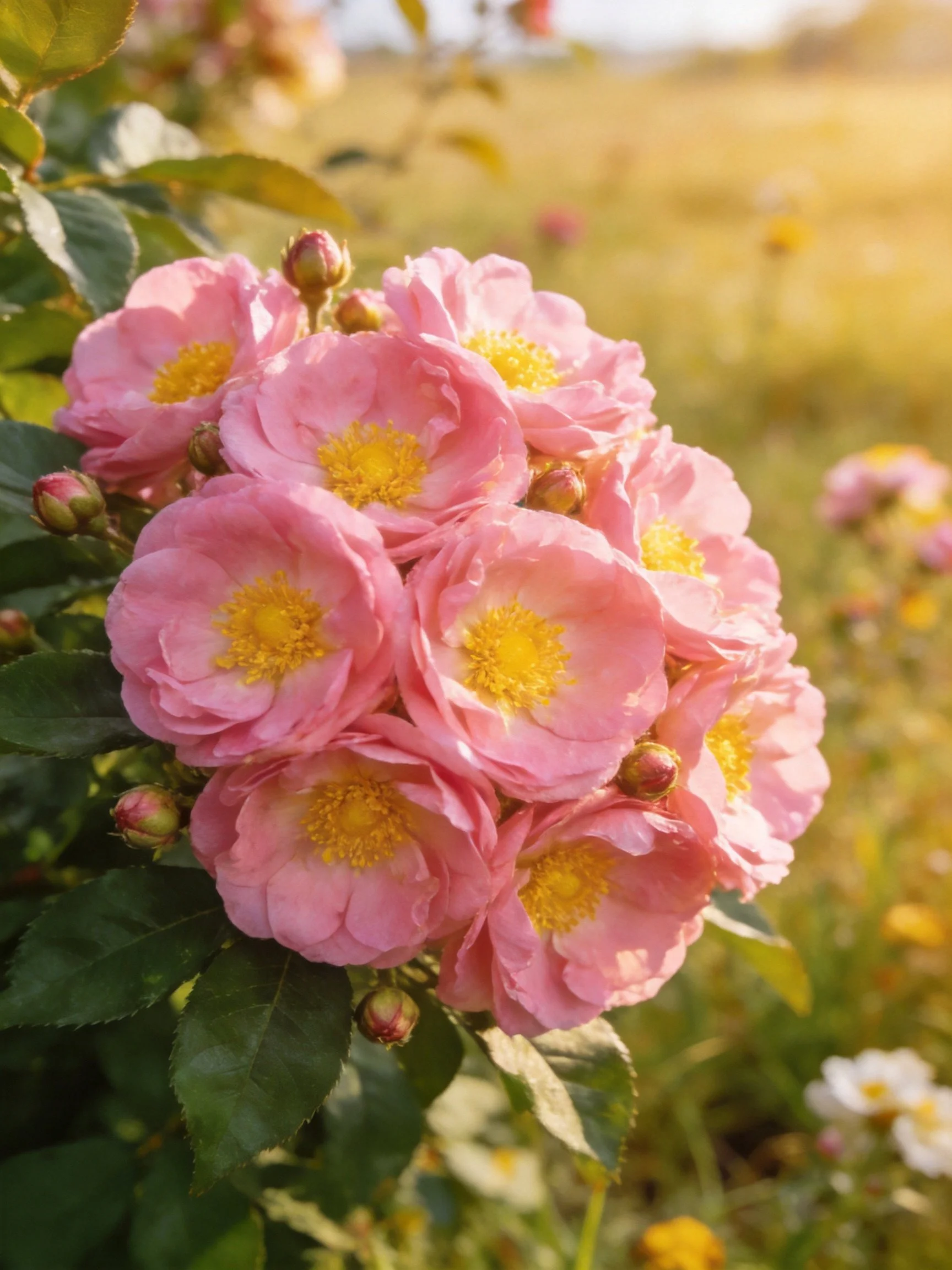 A cluster of pink roses with yellow centers blooming in a sunlit meadow