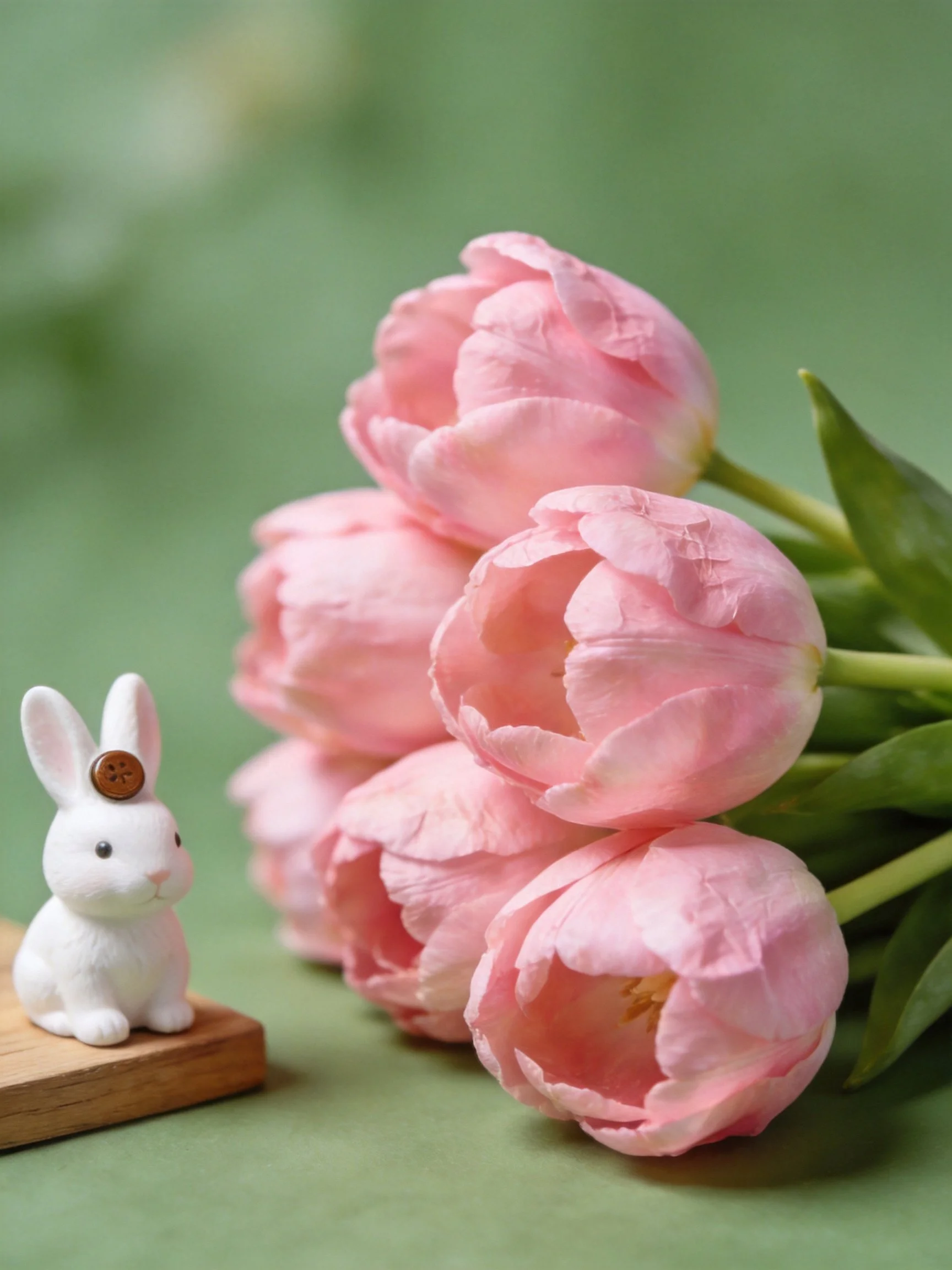A cluster of pink tulips beside a small white rabbit figurine