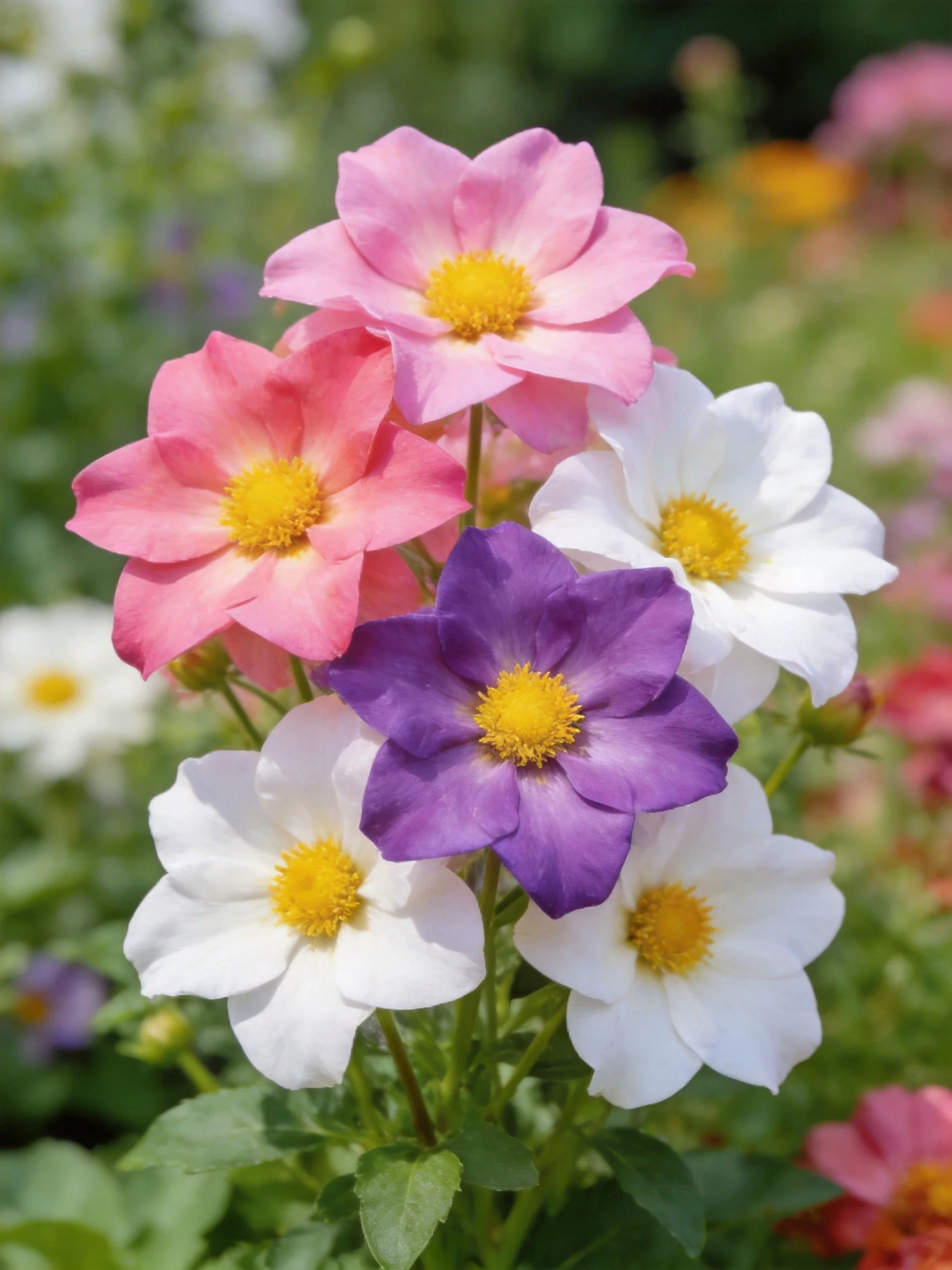A cluster of pink, white, and purple flowers with yellow centers