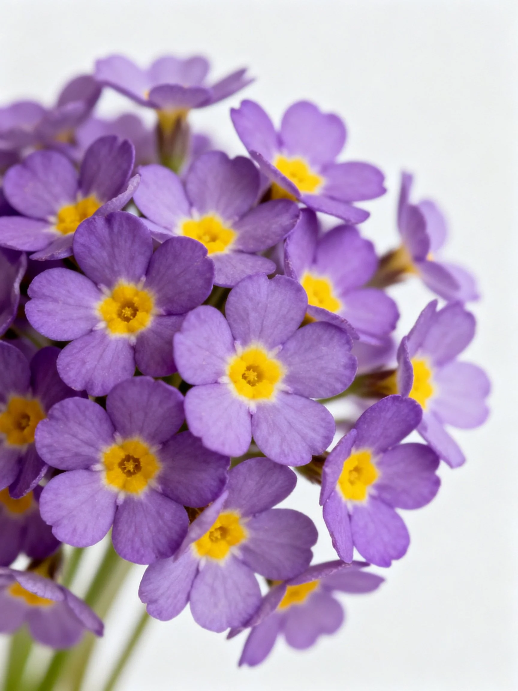 A cluster of purple primrose flowers with yellow centers