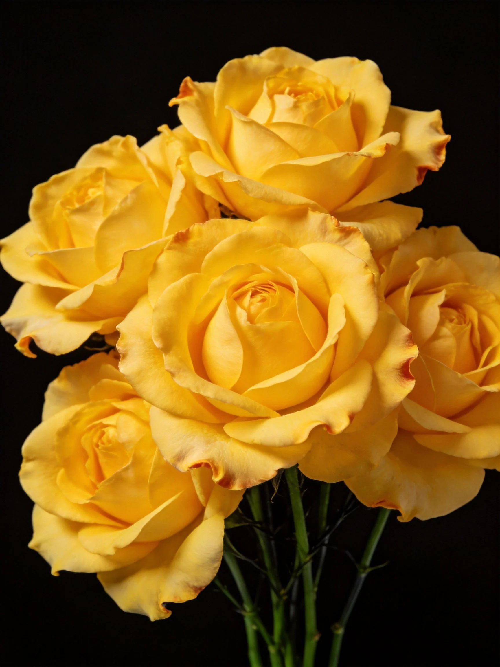 A cluster of six golden-yellow roses with green stems