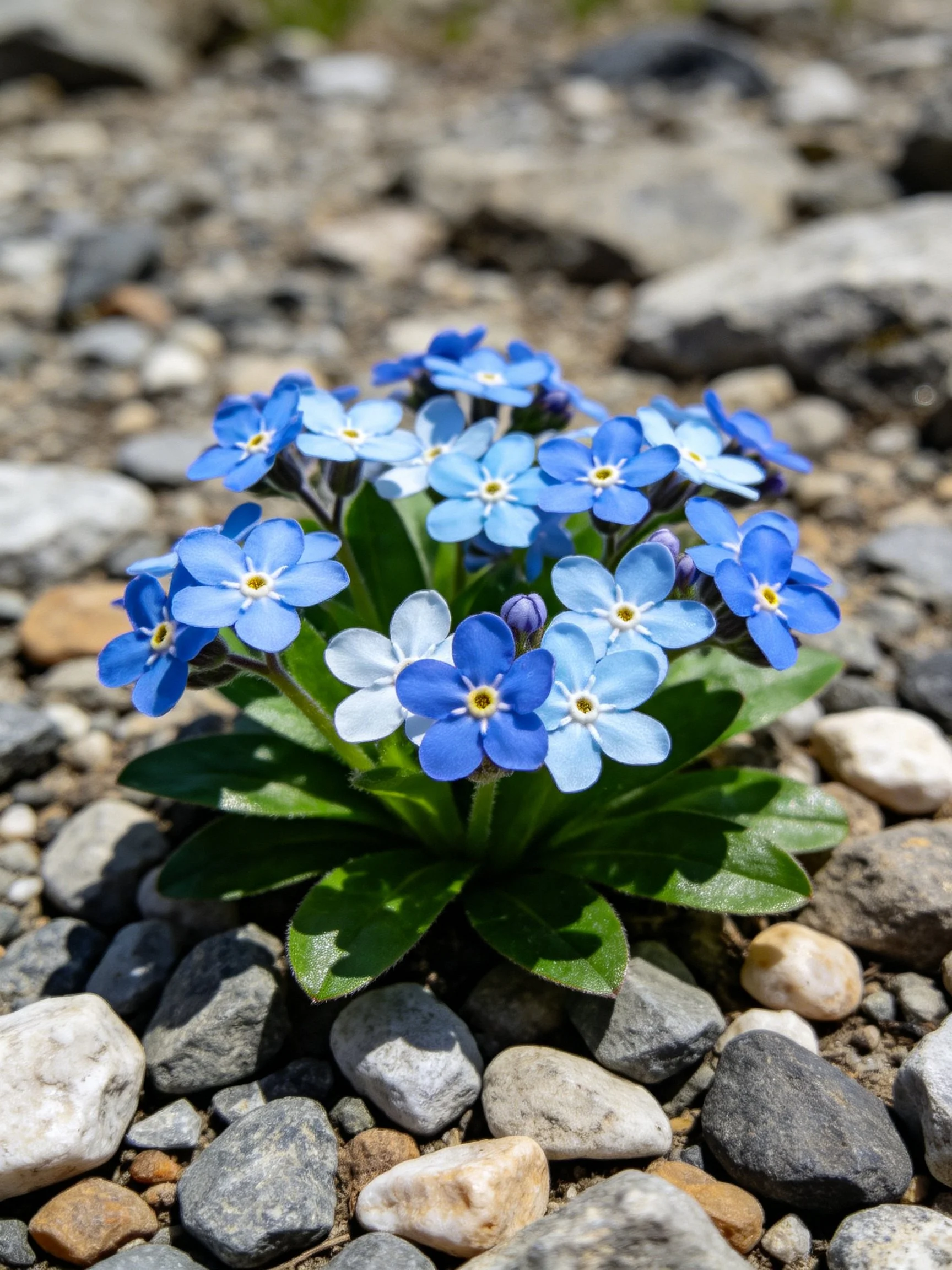 A cluster of small blue flowers amid assorted gray and brown pebbles
