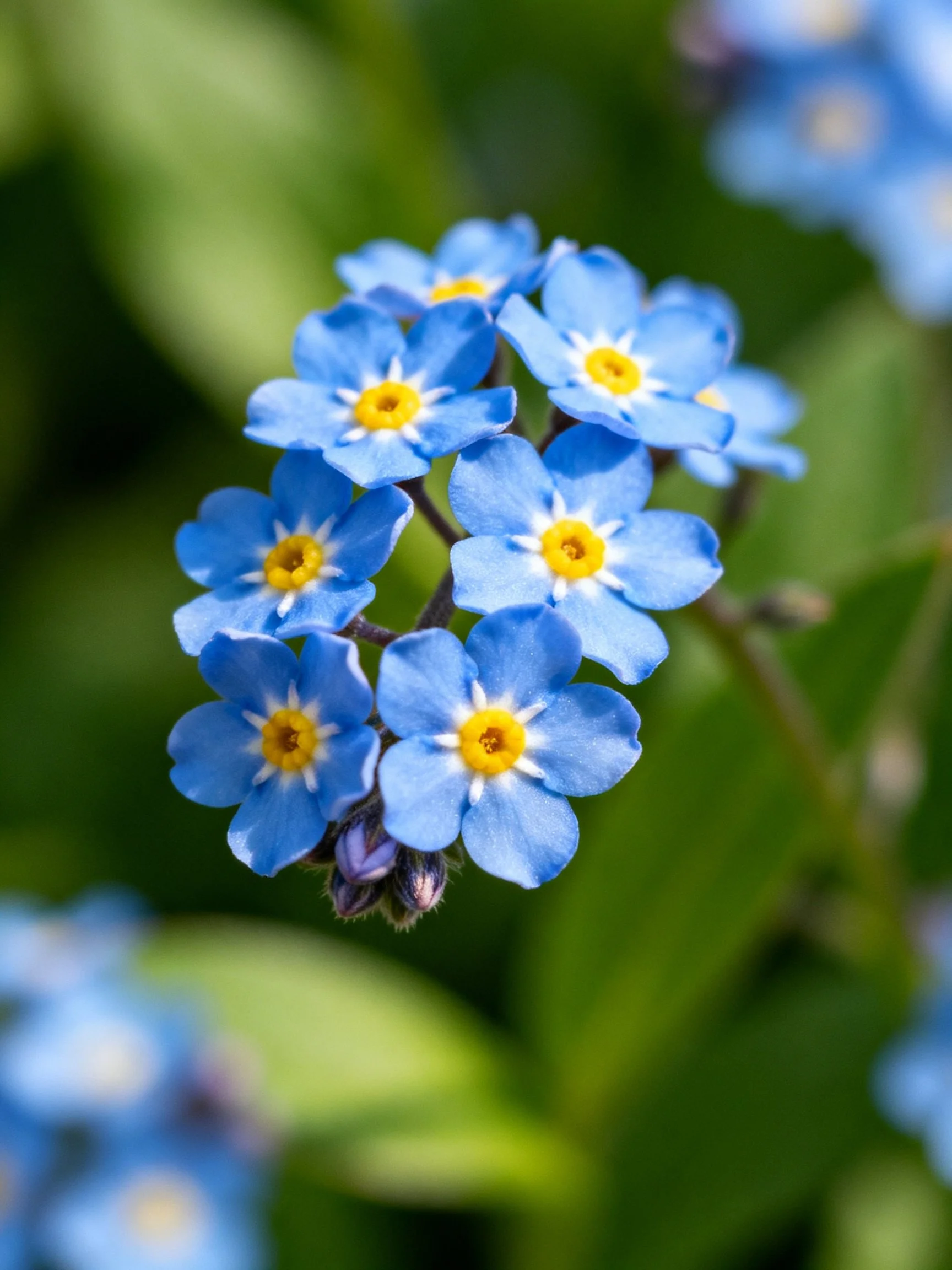 A cluster of small blue flowers with bright yellow centers