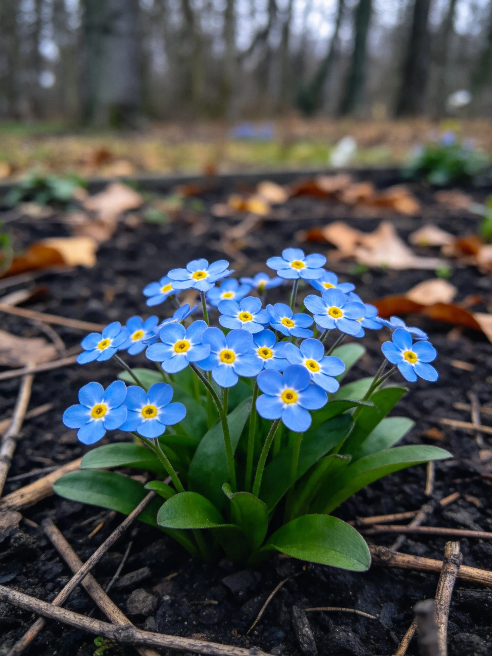 A cluster of small blue flowers with yellow centers grows in dark soil surrounded by fallen leaves