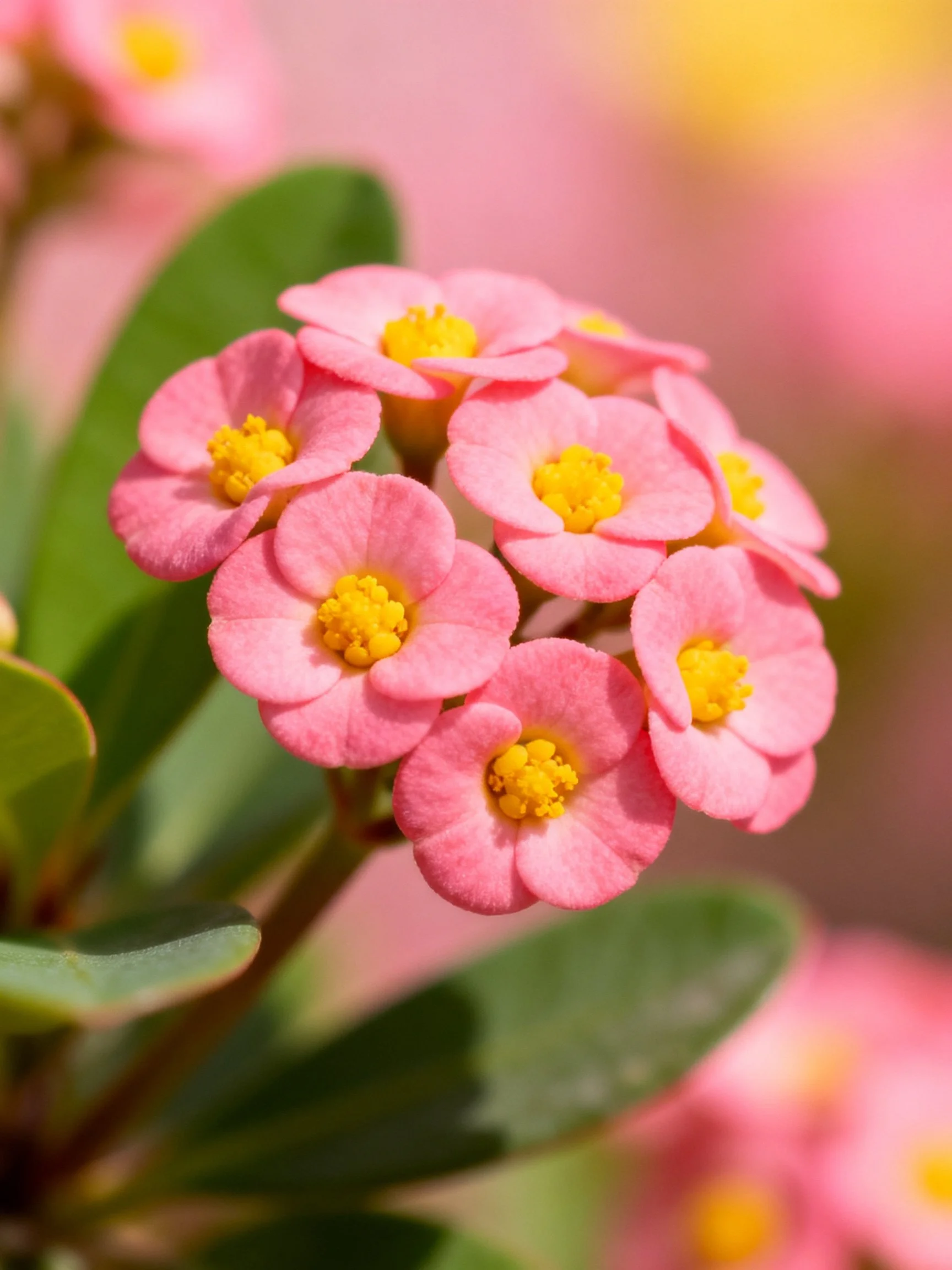 A cluster of small pink flowers with bright yellow centers and glossy green leaves