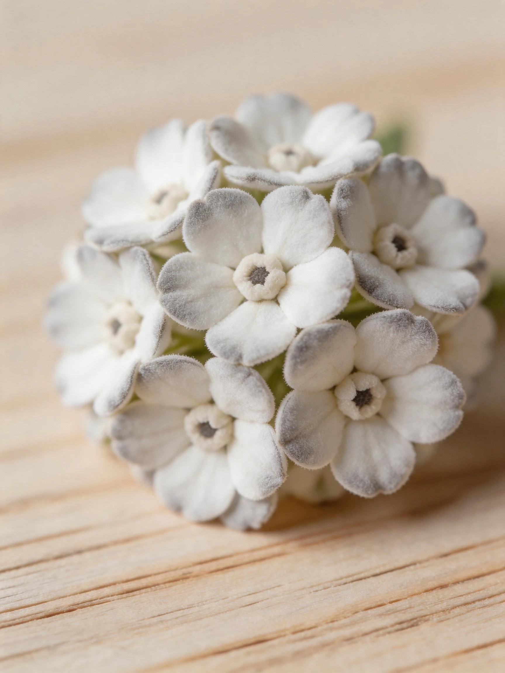 A cluster of small white and gray flowers rests on a wooden surface