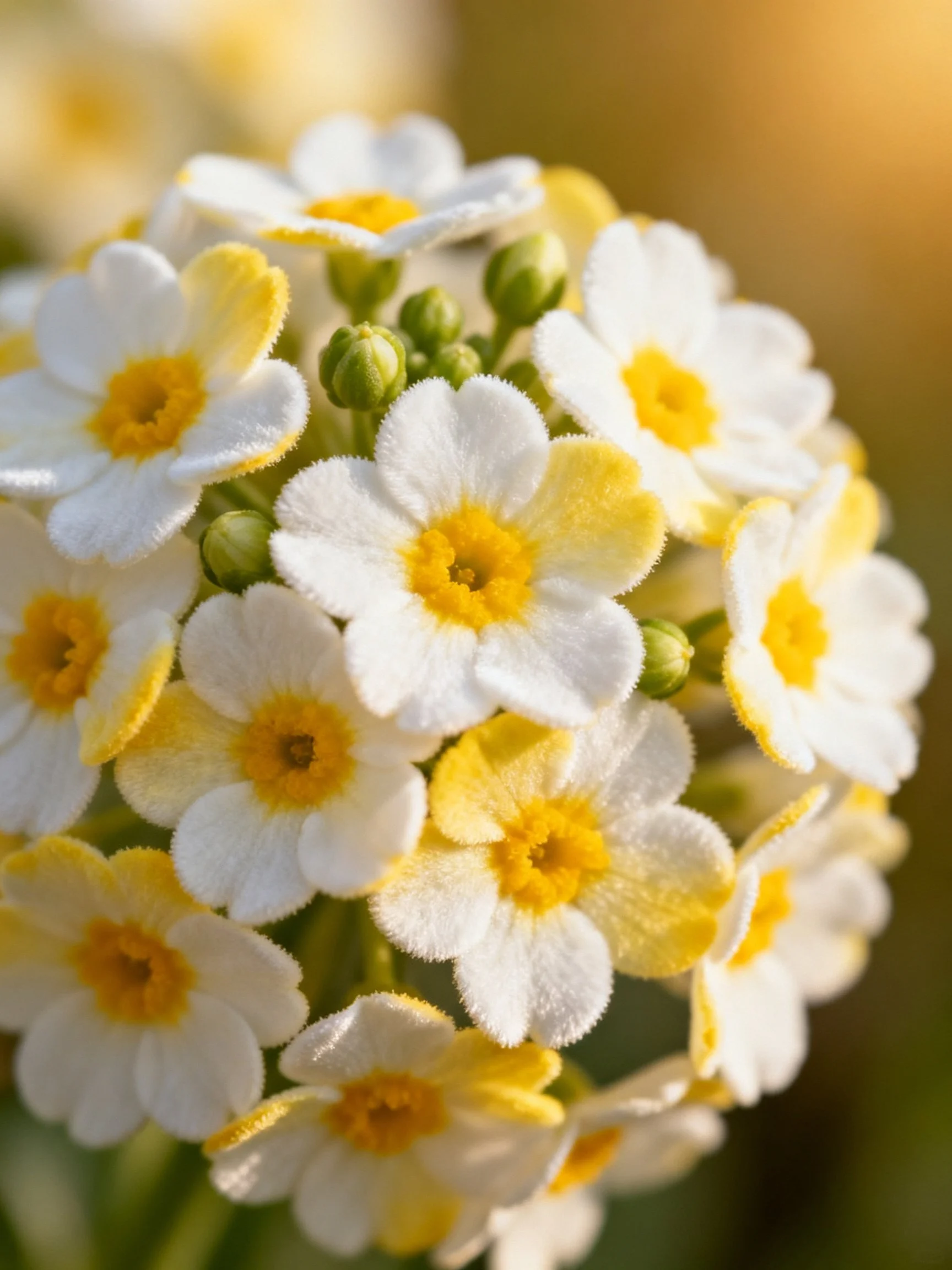 A cluster of small white and yellow flowers with green buds