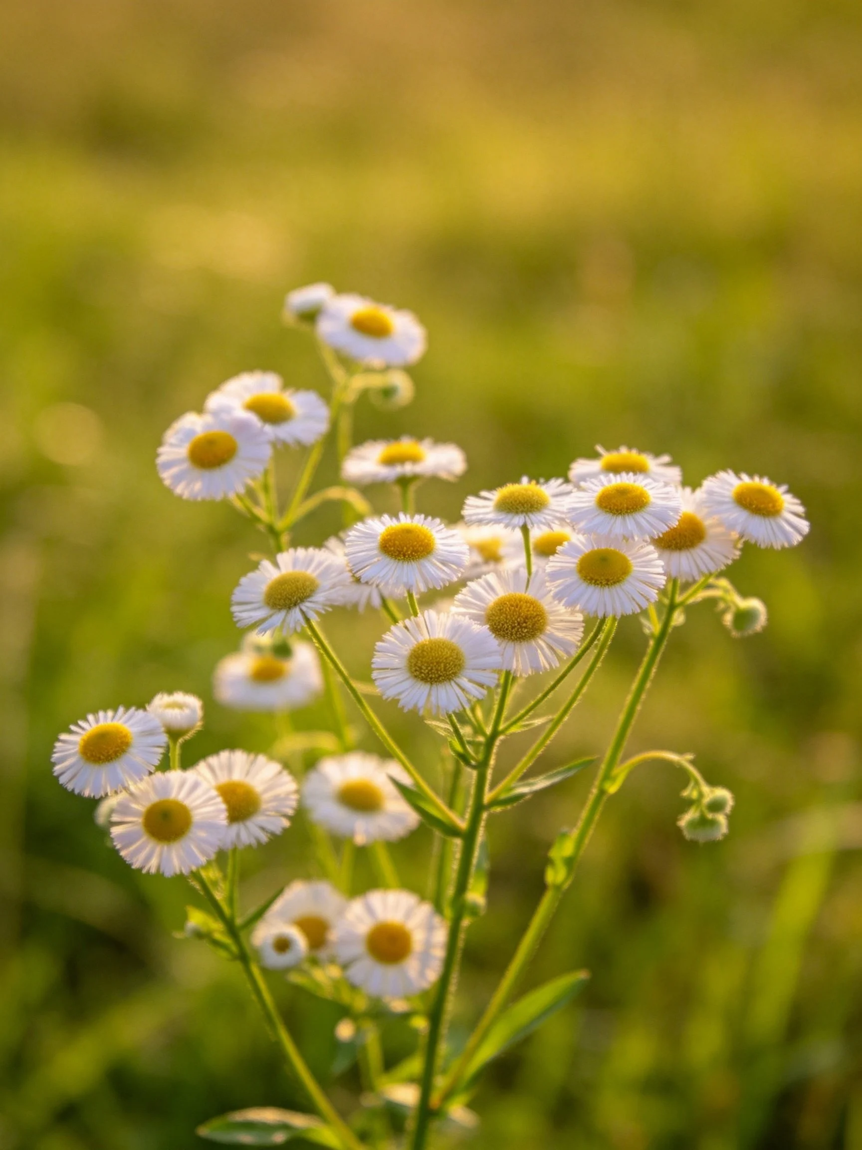 A cluster of small white daisy flowers with yellow centers in a green field