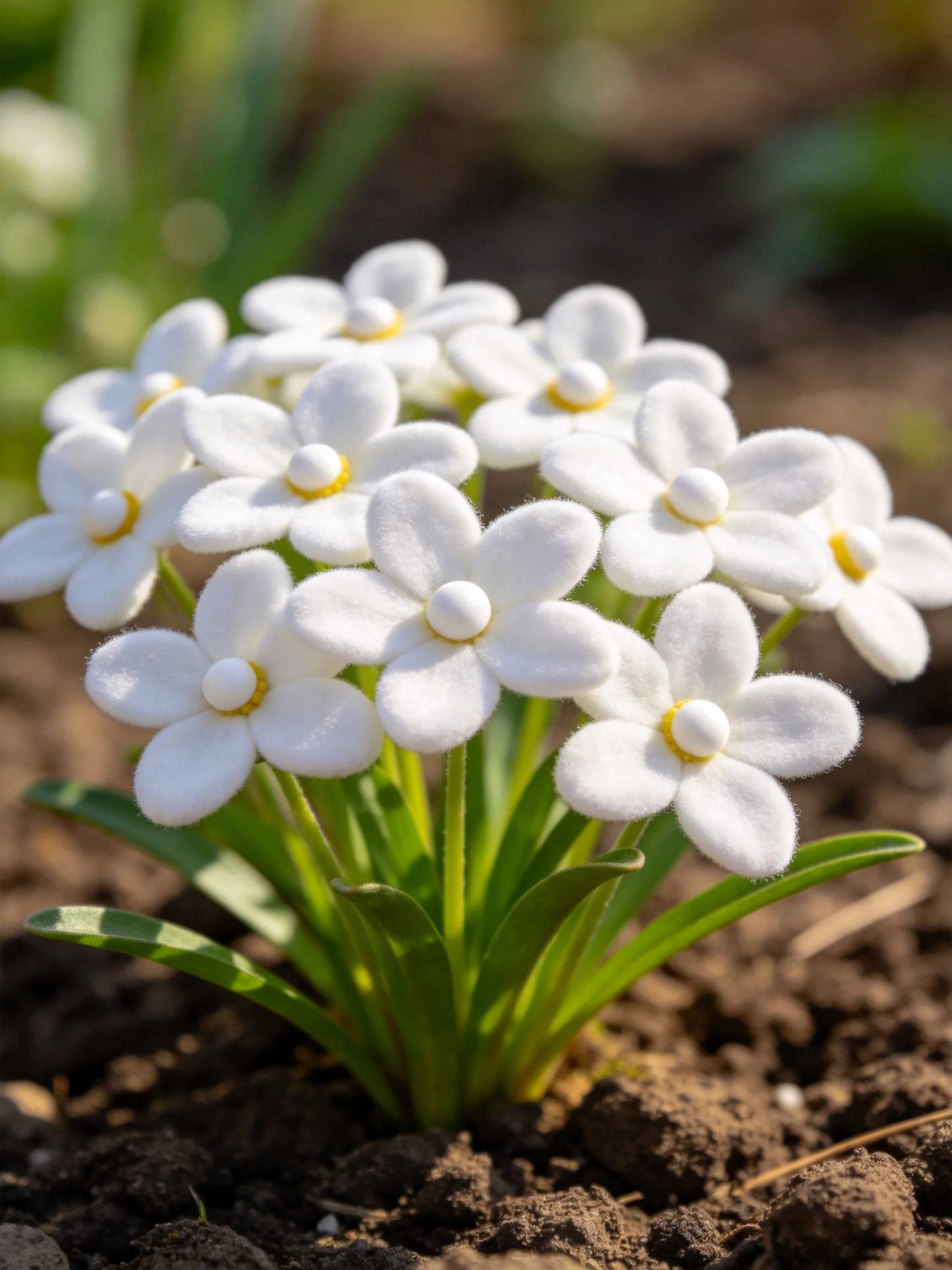 A cluster of small white felt flowers with yellow centers