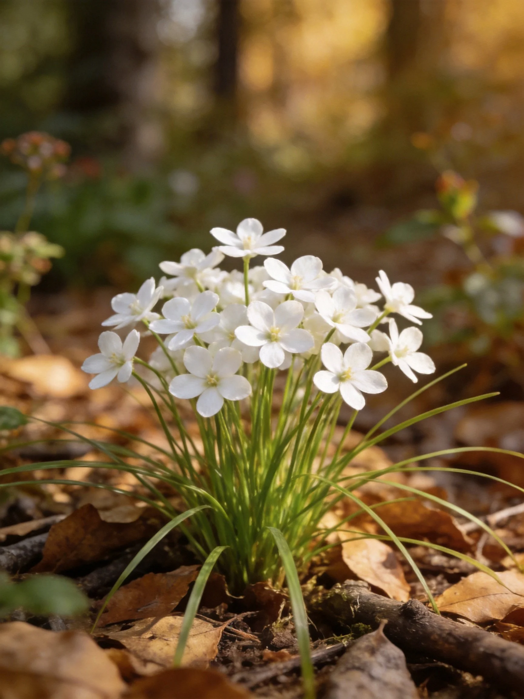 A cluster of small white flowers on a leaf-strewn forest floor