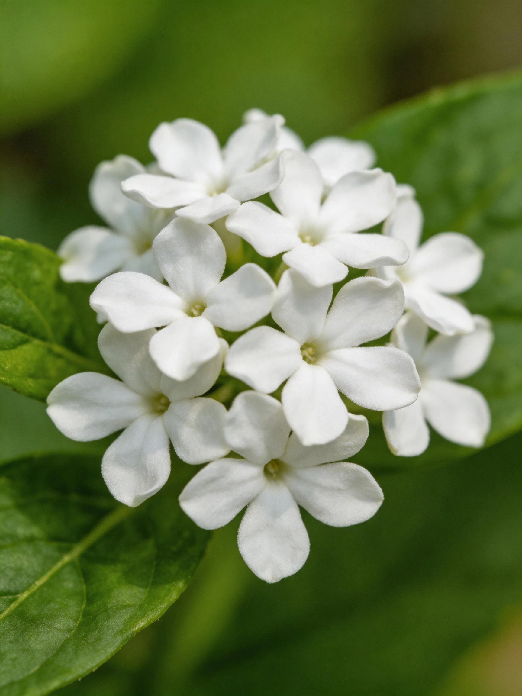 A cluster of small white flowers with glossy green leaves