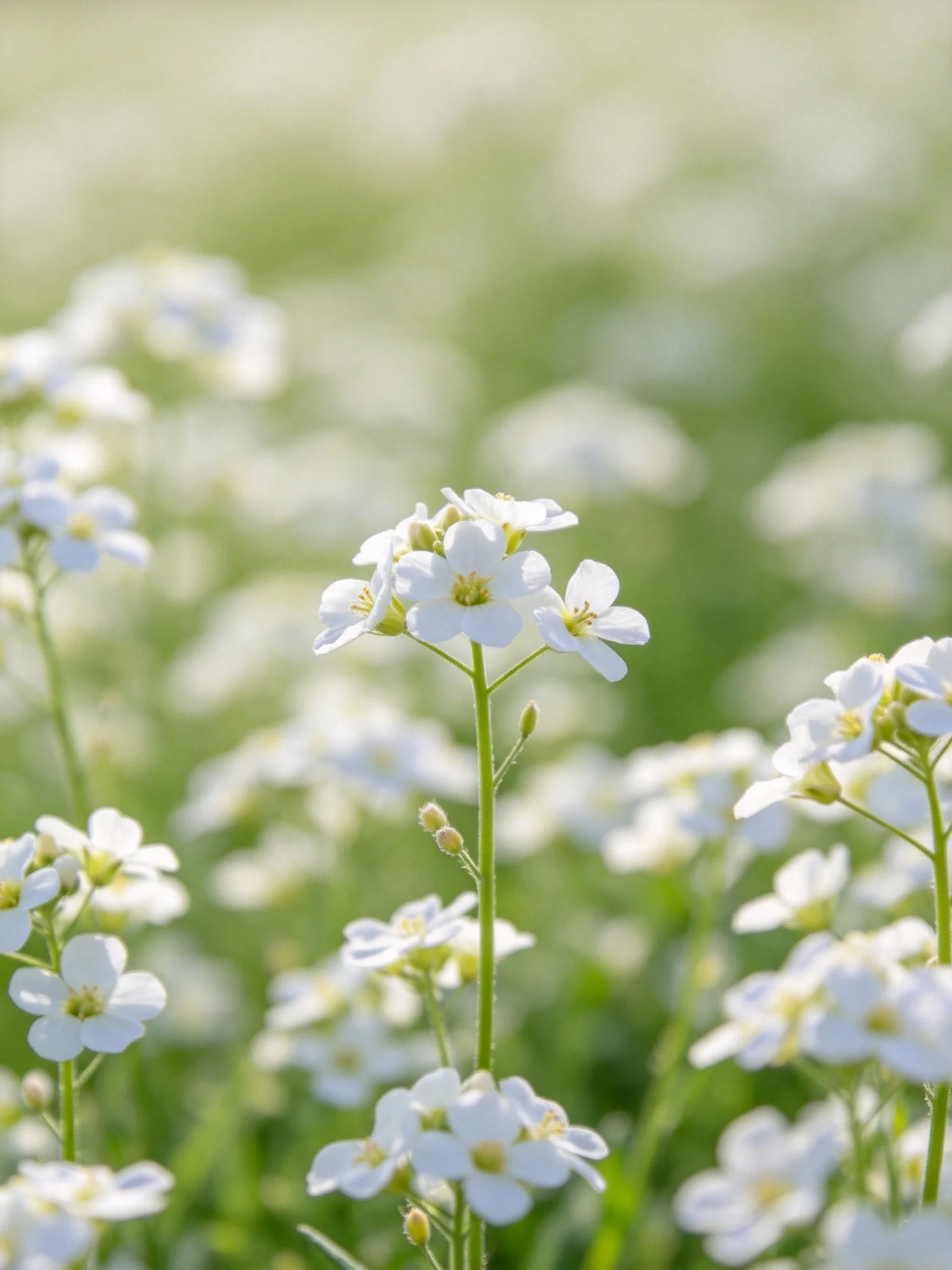 A cluster of small white flowers with green stems amidst a blurred floral backdrop.