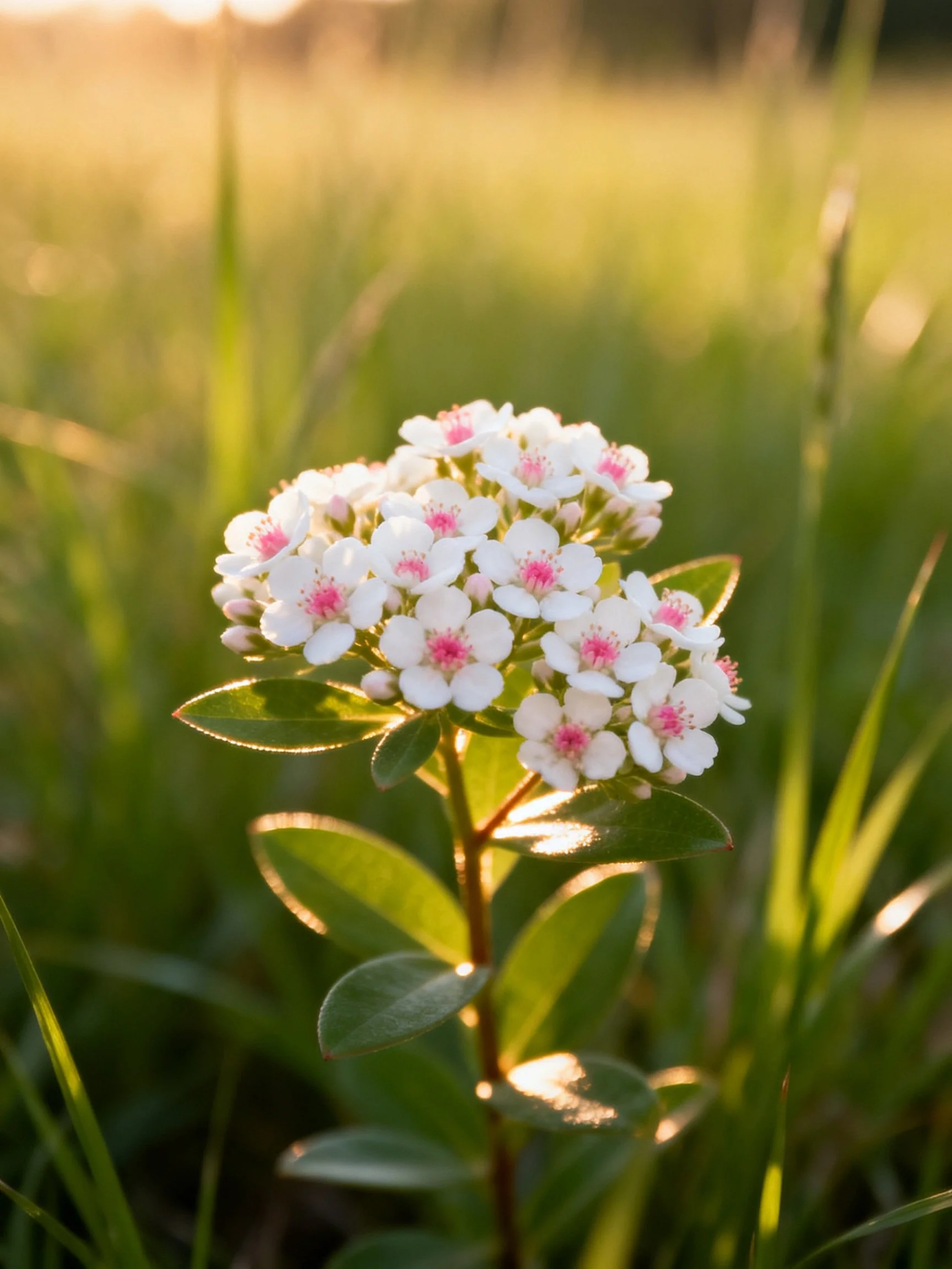 Small white flowers with pink centers bloom in a sunlit meadow.