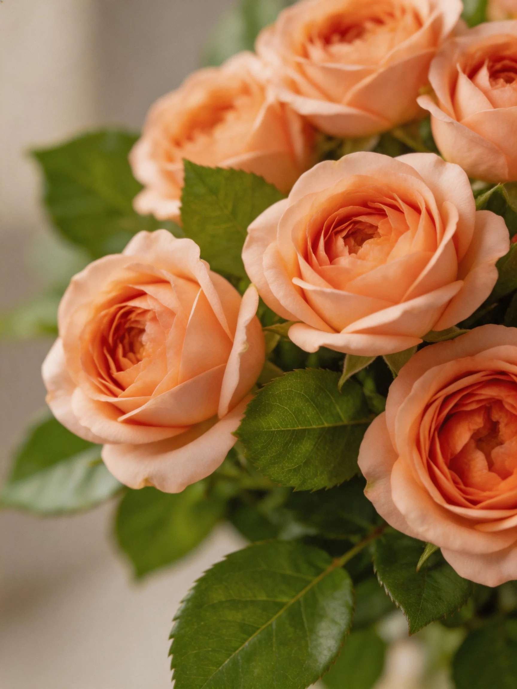 A cluster of soft peach roses with lush green leaves