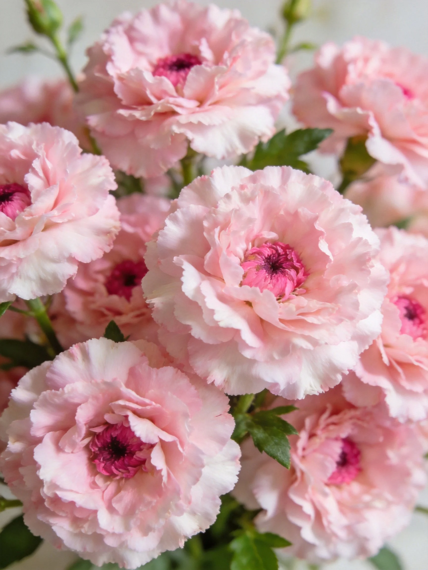 A cluster of soft pink carnations with dark centers