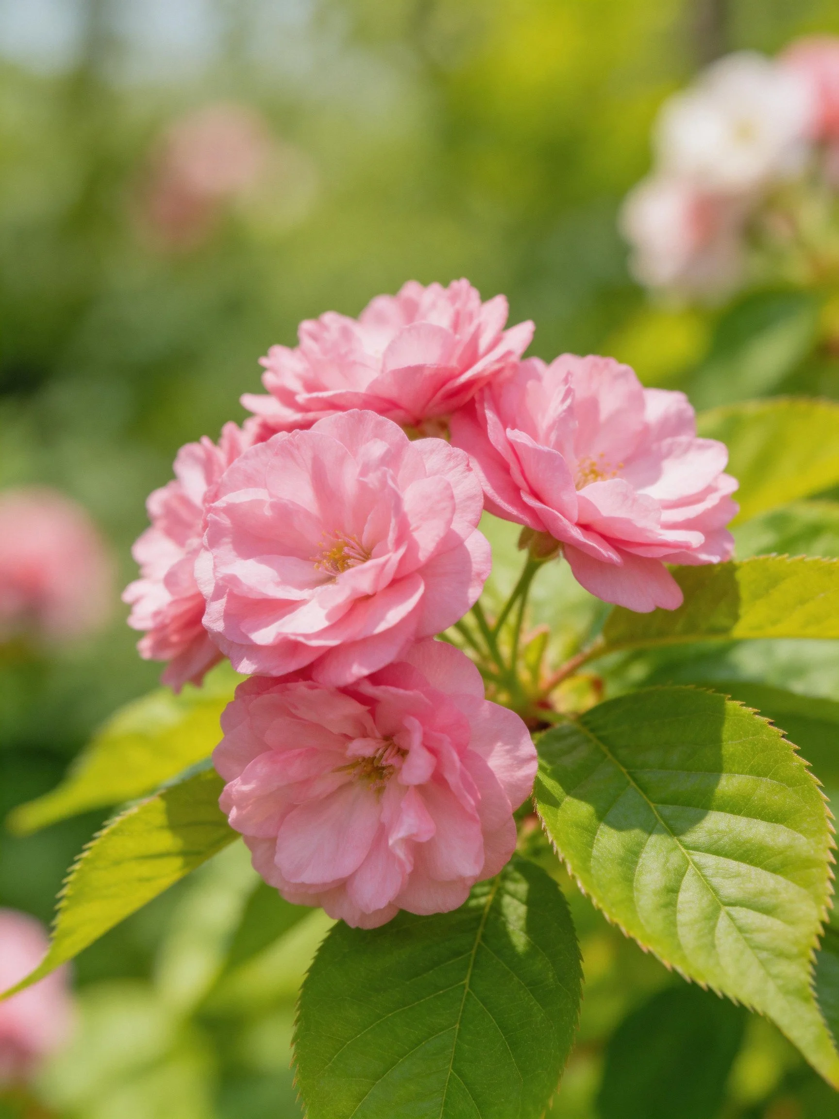A cluster of soft pink flowers with vibrant green leaves