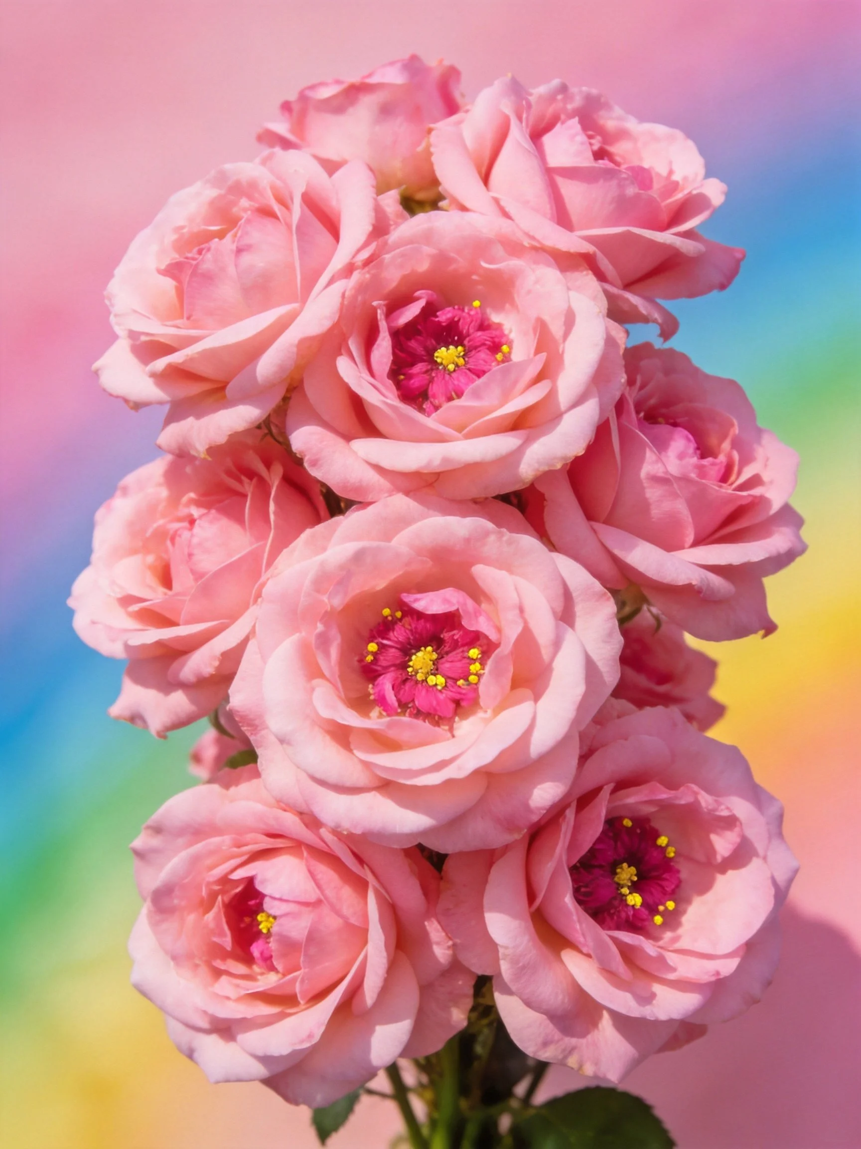 A cluster of soft pink roses arranged against a multicolored backdrop