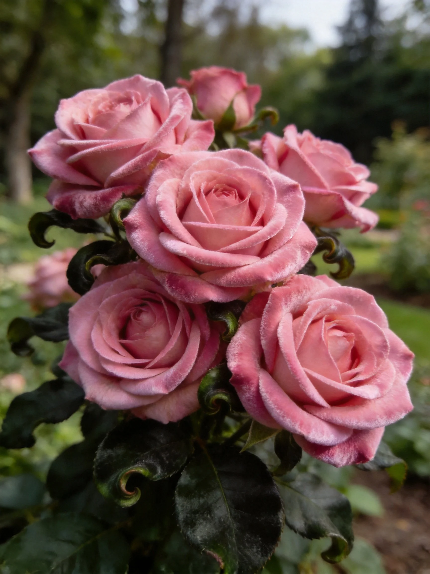 A cluster of soft pink roses with dark green foliage
