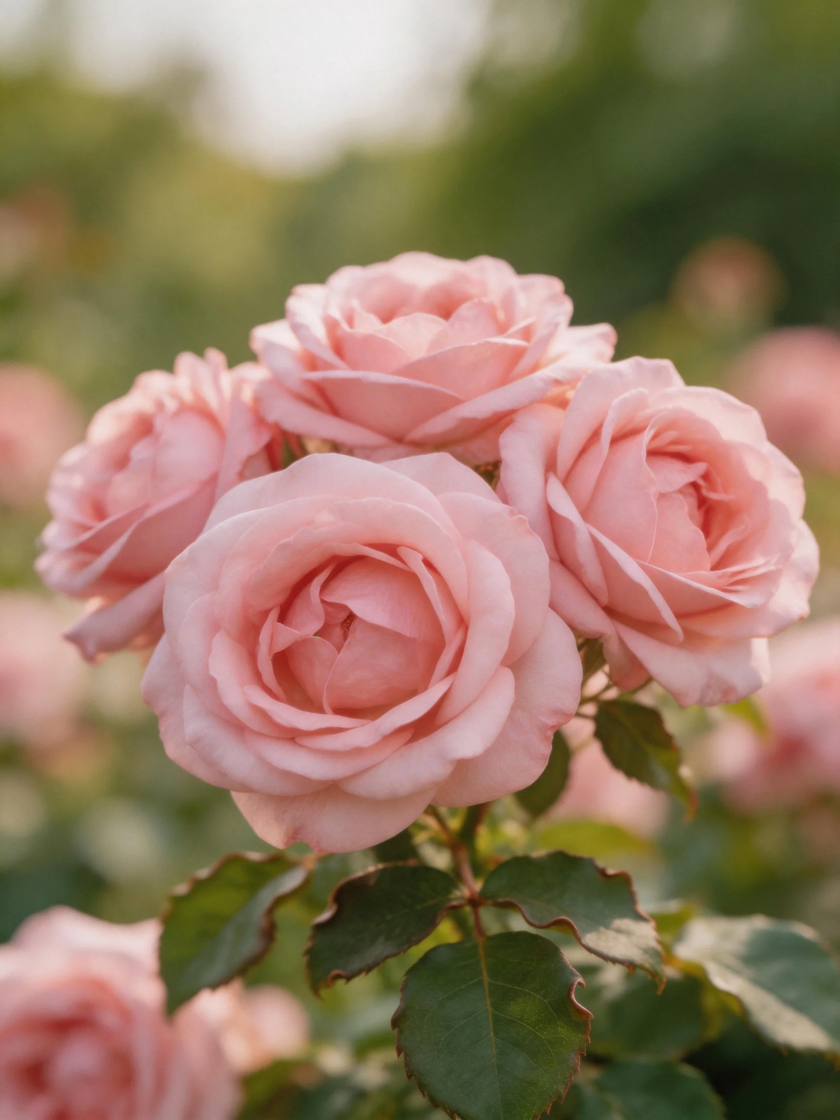 A cluster of soft pink roses with green foliage
