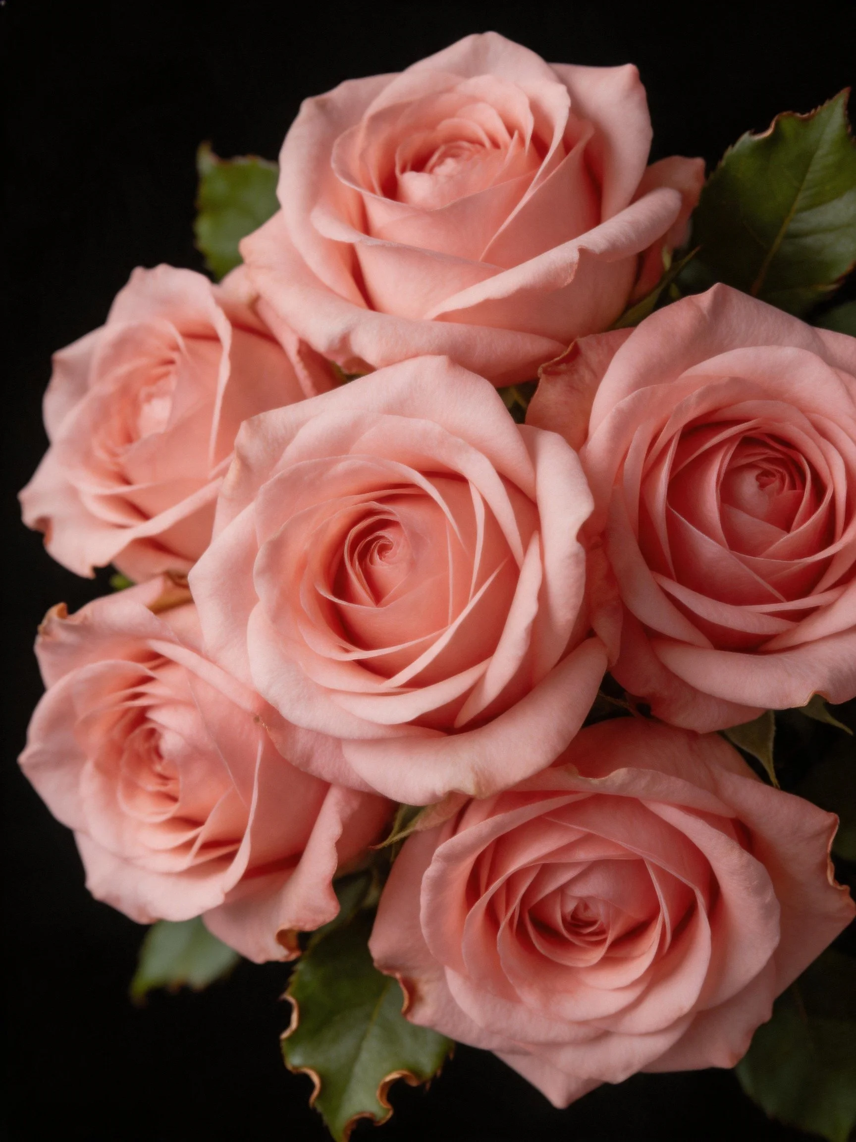 A cluster of soft pink roses with green leaves against a black background