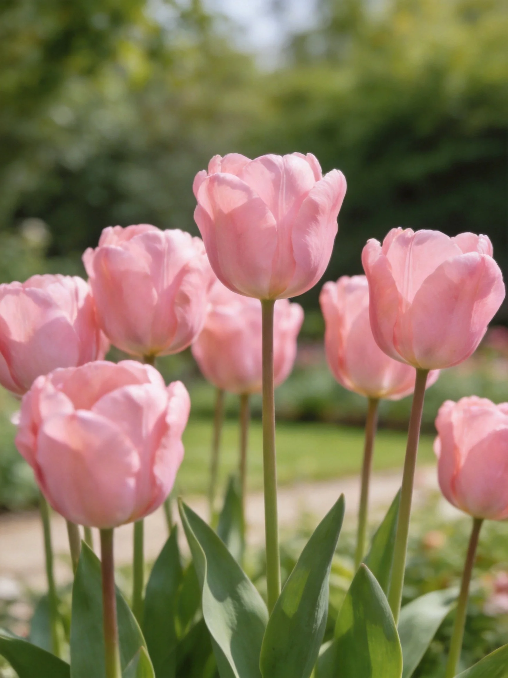 A cluster of soft pink tulips blooming in a sunlit garden
