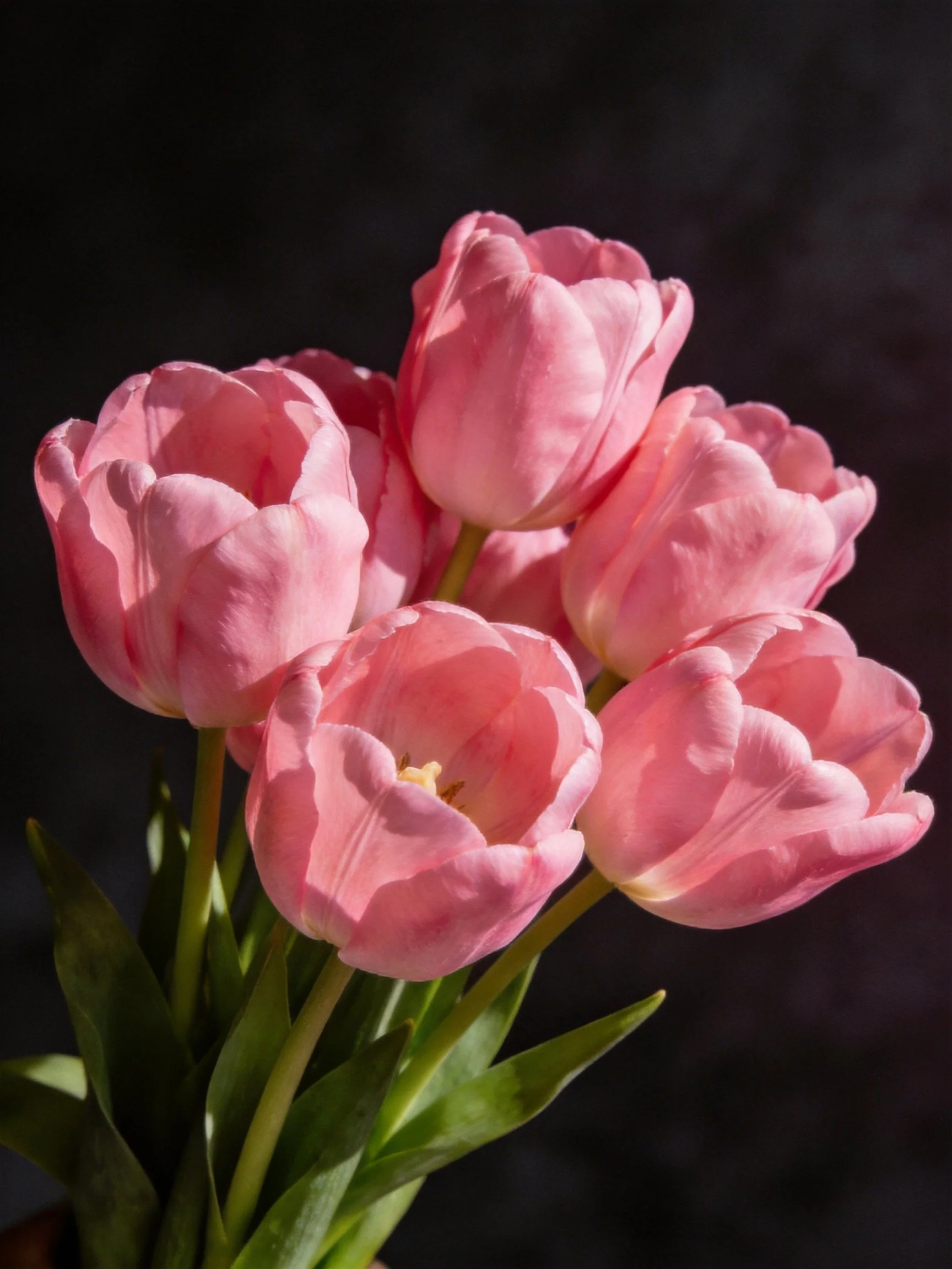 A cluster of soft pink tulips with green stems
