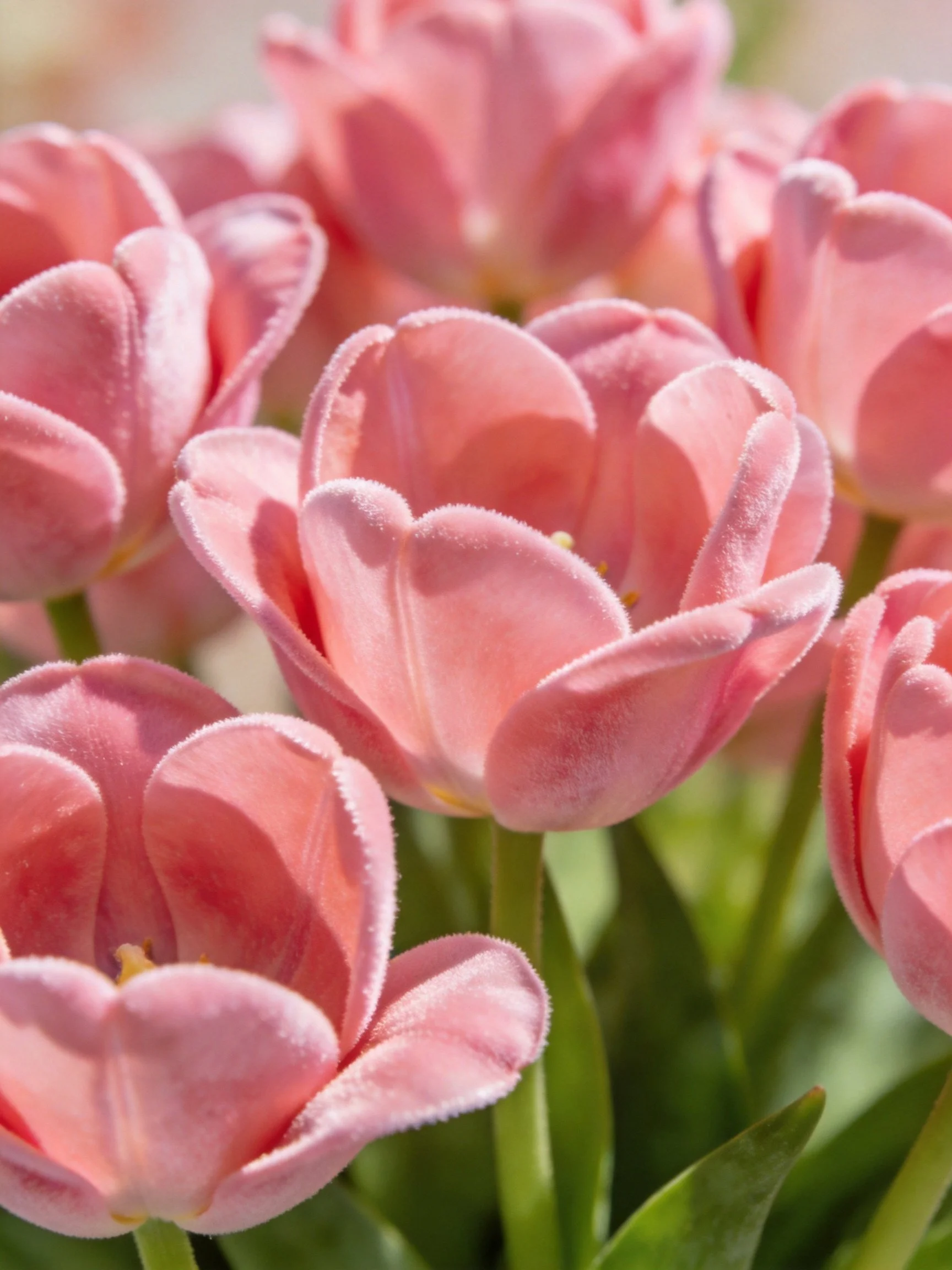 A cluster of soft pink tulips with green stems