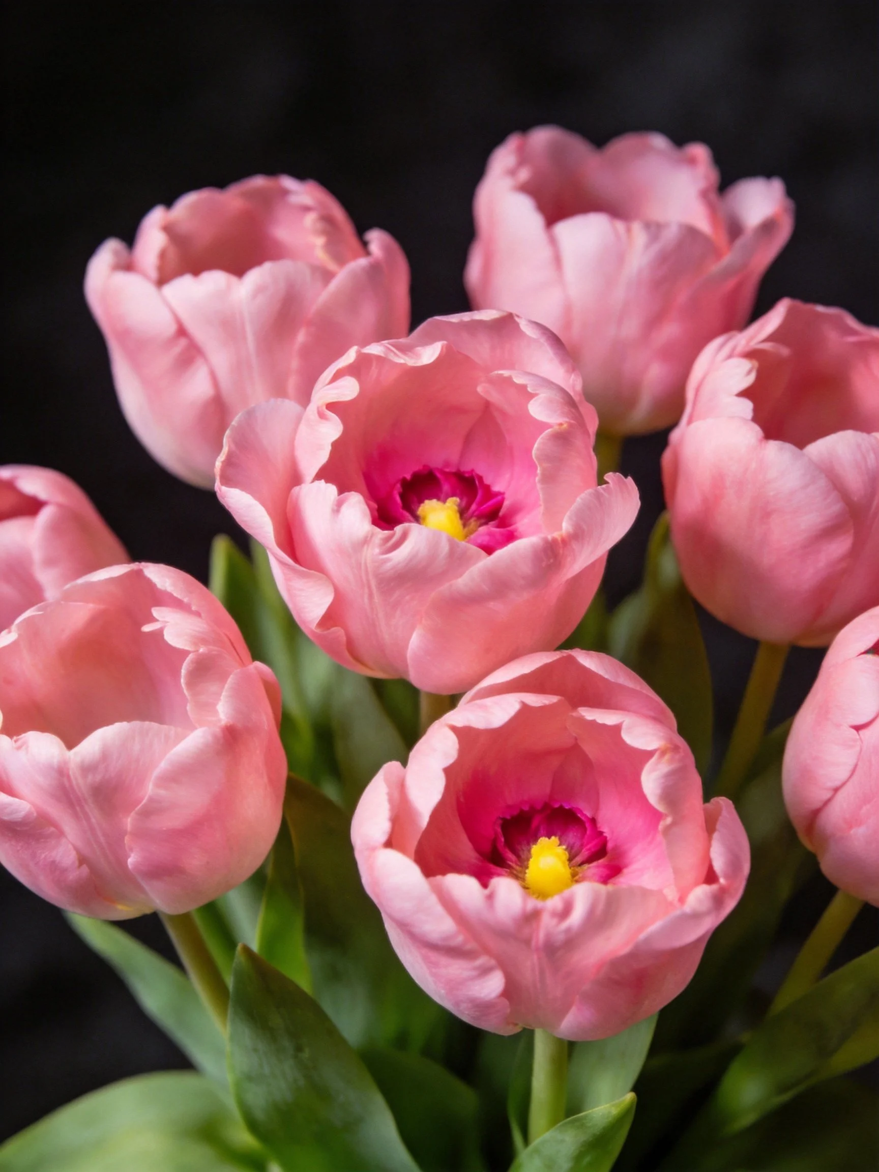 A cluster of soft pink tulips with vibrant centers