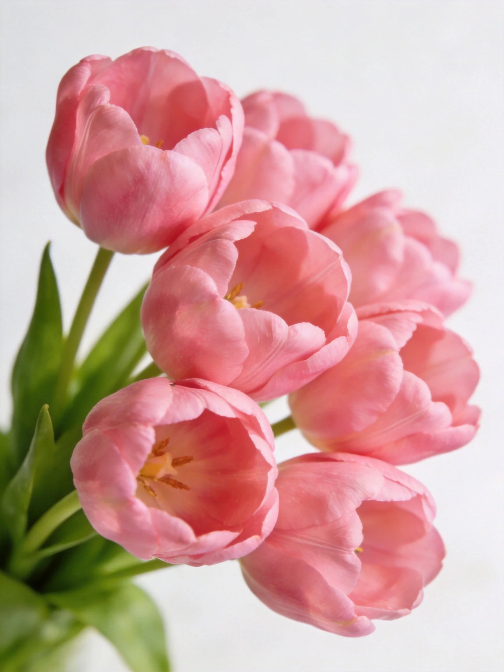 A cluster of soft pink tulips with vibrant green stems