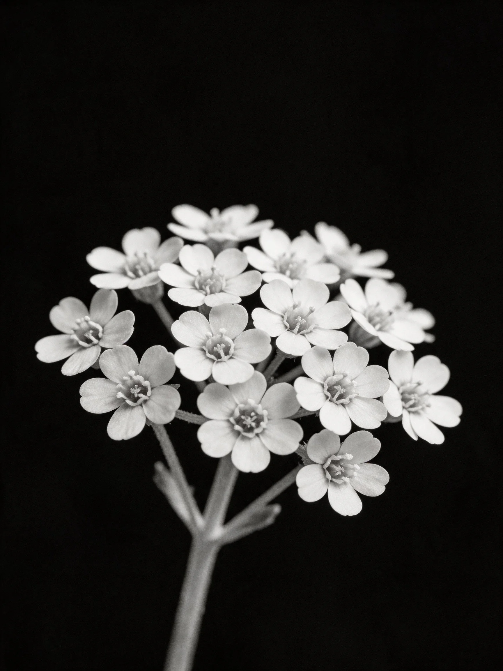A cluster of tiny white flowers in black and white