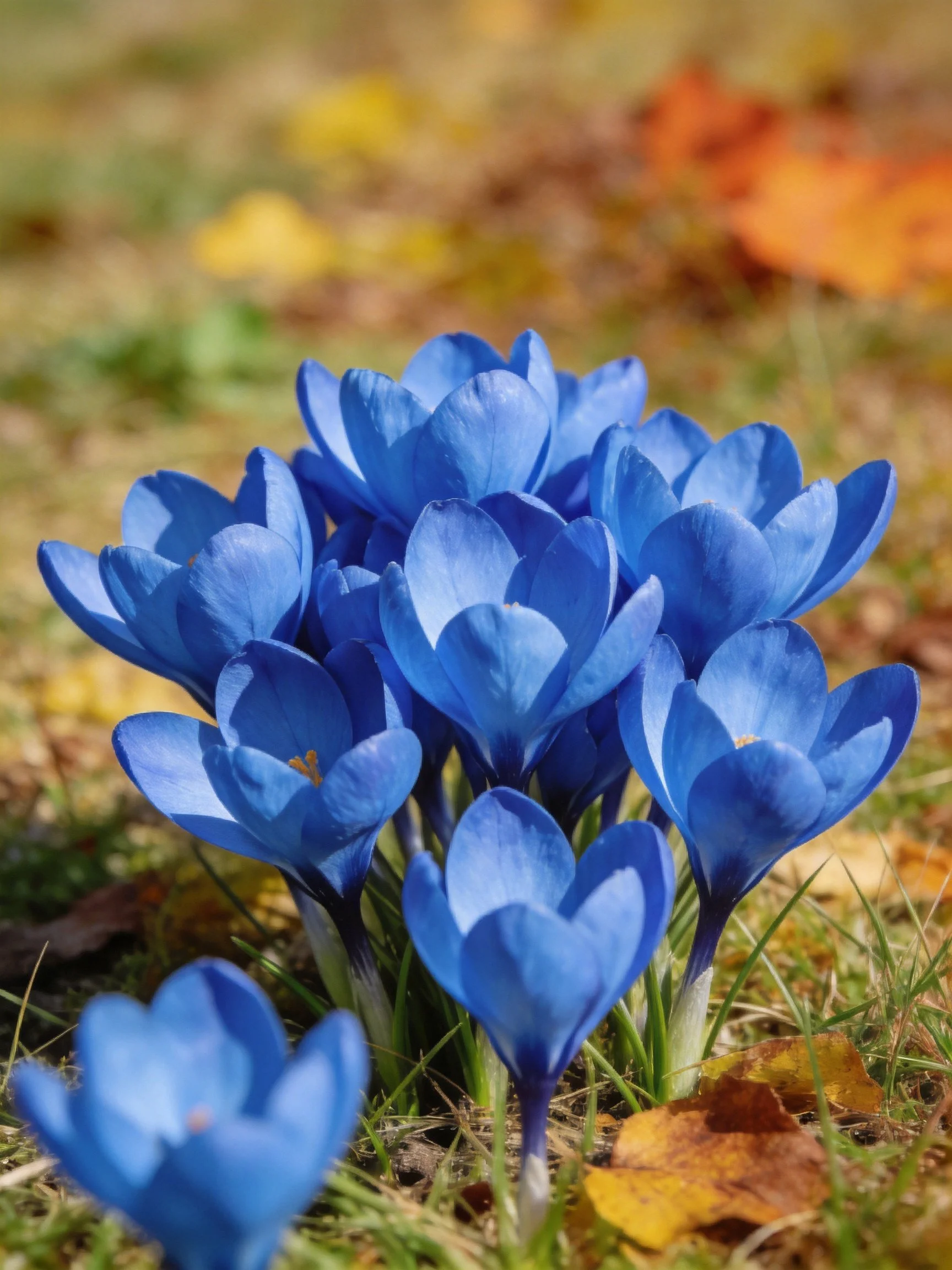 A cluster of vibrant blue crocus flowers blooming among grass and fallen leaves