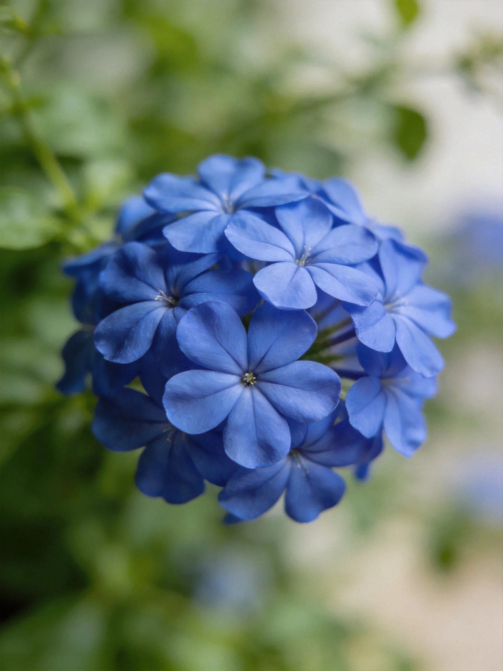 A cluster of vibrant blue flowers with green foliage backdrop