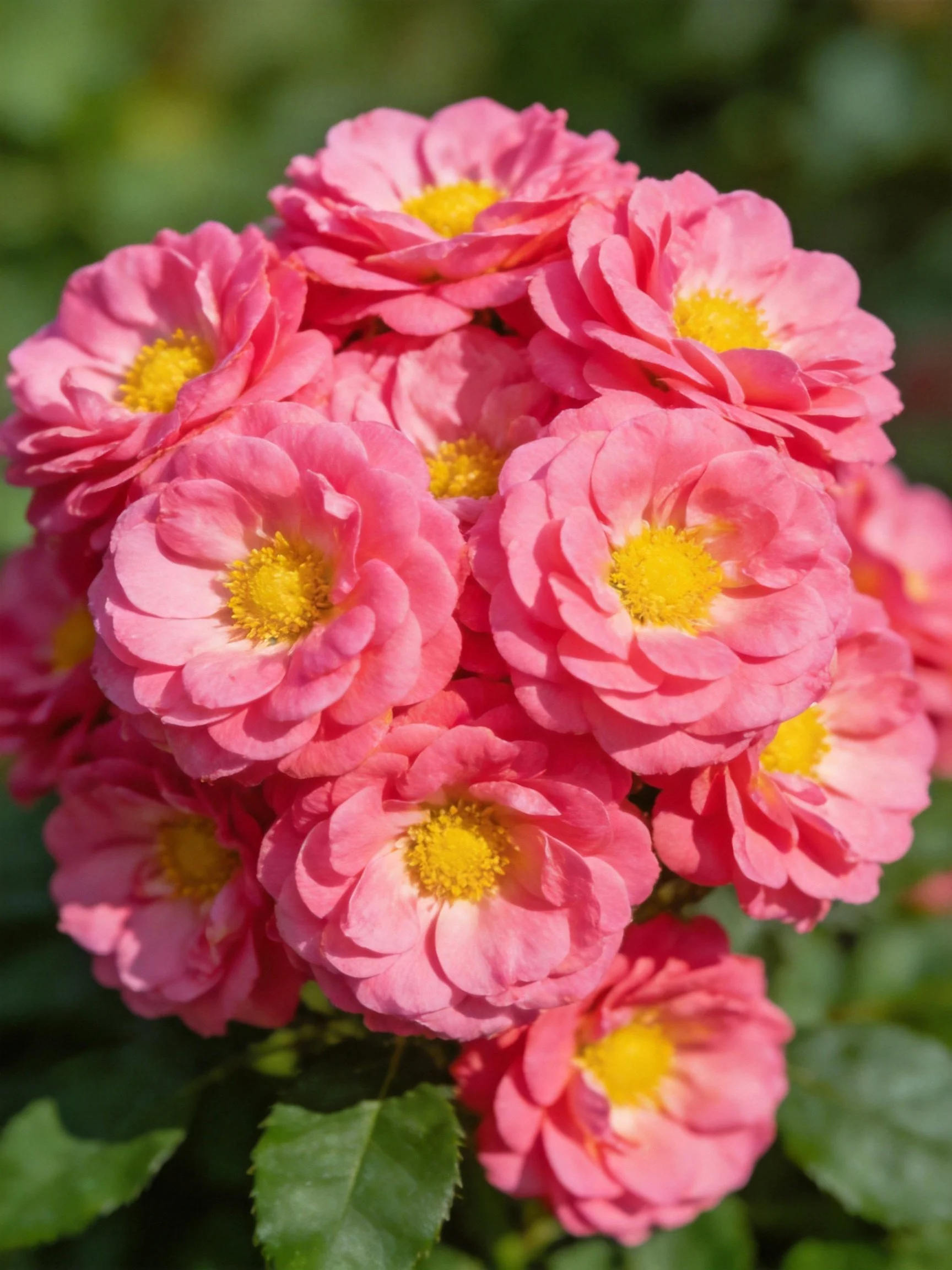 A cluster of vibrant pink roses with bright yellow centers